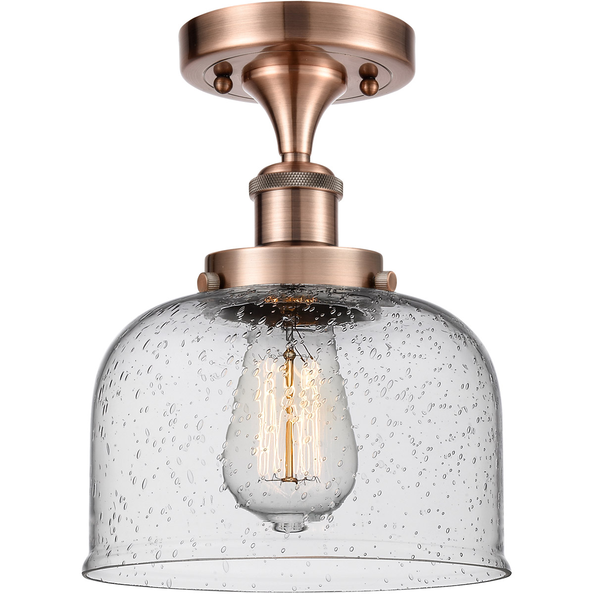 Innovations Lighting 916-1C-AC-G74-LED Ballston Large Bell LED 8 inch Antique Copper Semi-Flush Mount Ceiling Light in Seedy Glass