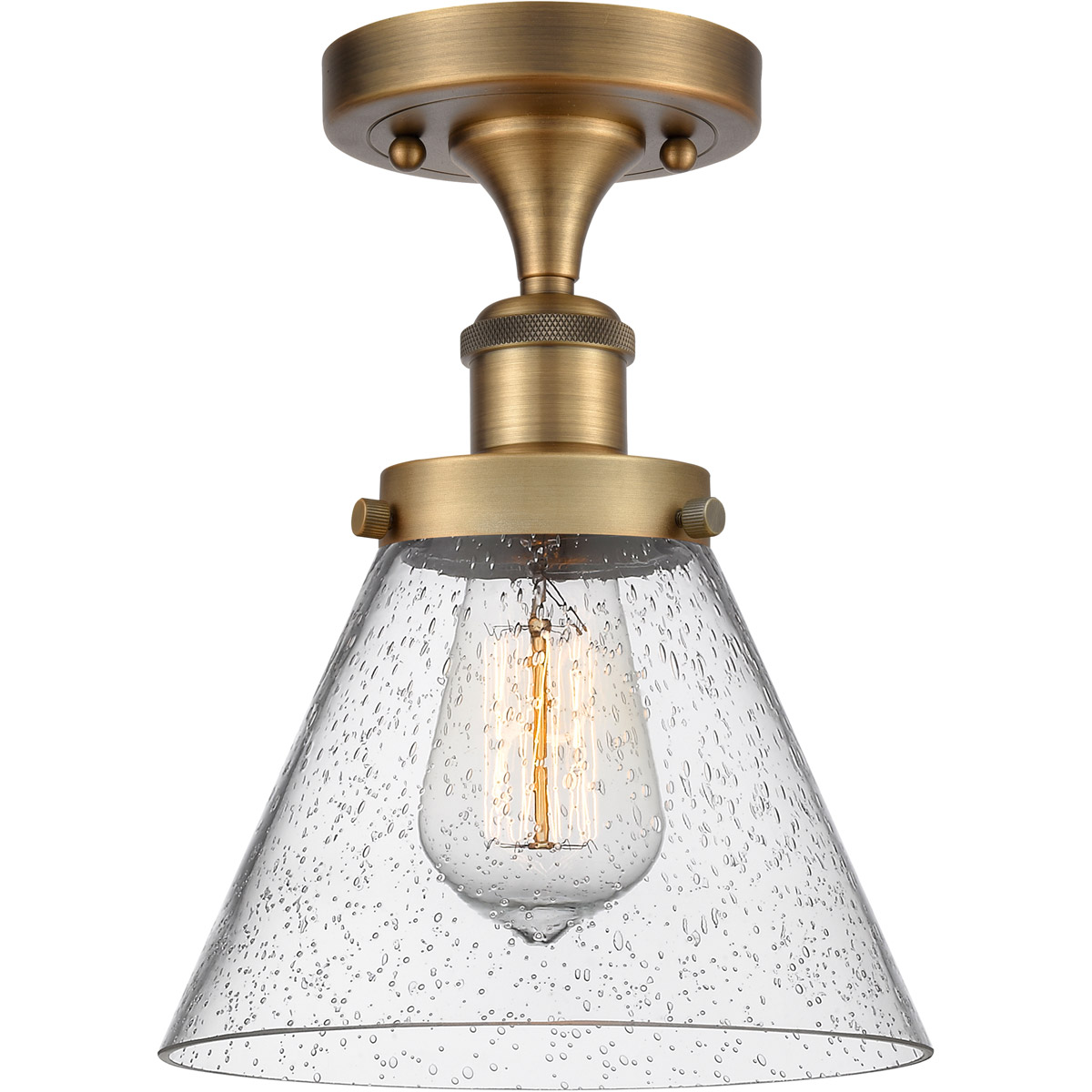 Innovations Lighting 916-1C-BB-G44-LED Ballston Large Cone LED 8 inch Brushed Brass Semi-Flush Mount Ceiling Light in Seedy Glass