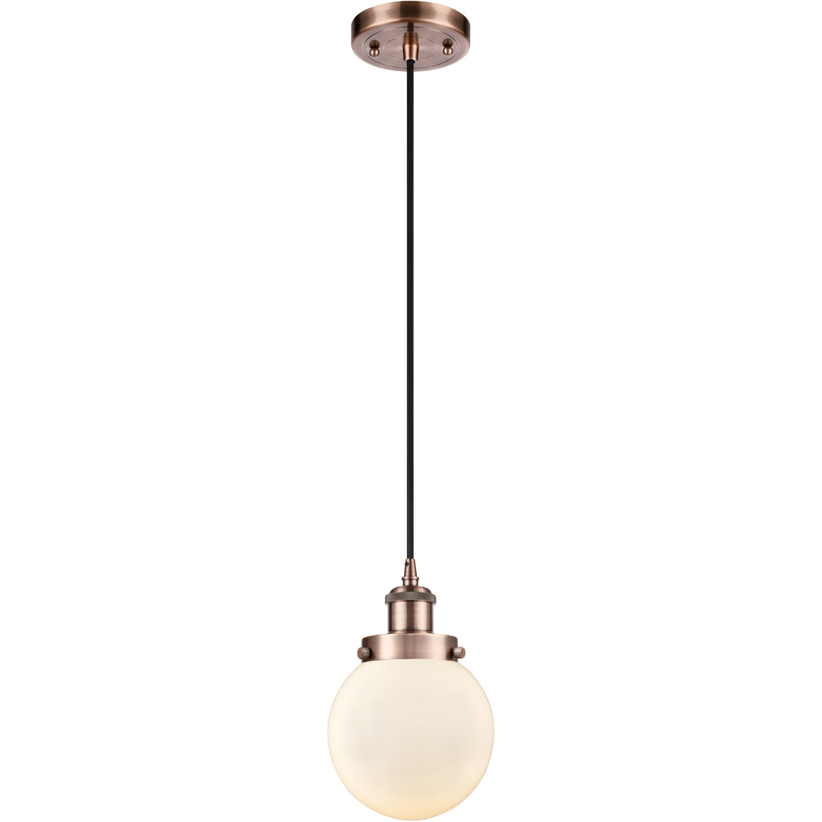 Innovations Lighting 916-1P-AC-G201-6-LED Ballston Beacon LED 6 inch Antique Copper Mini Pendant Ceiling Light in Matte White Glass, Black Textured