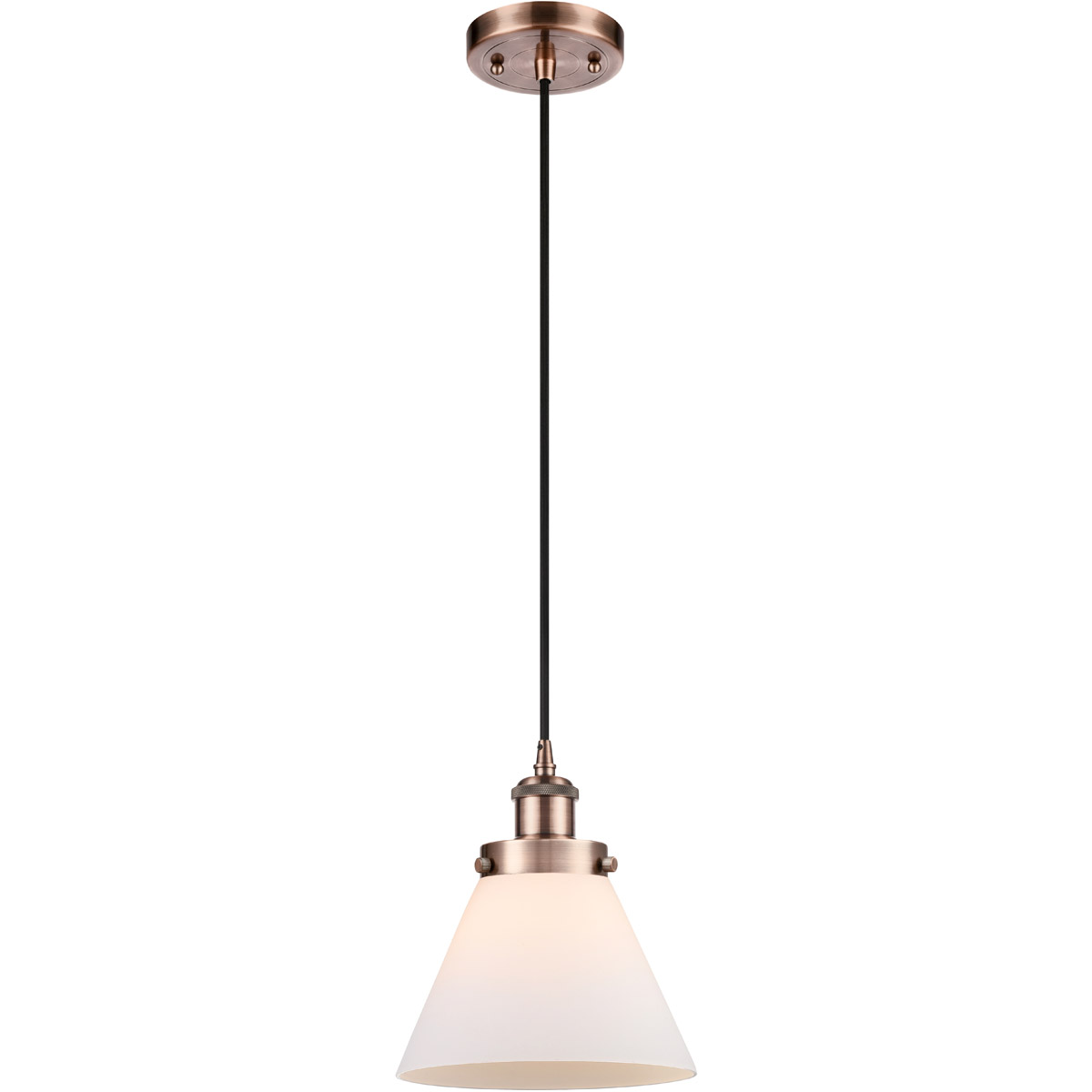 Innovations Lighting 916-1P-AC-G41-LED Ballston Large Cone LED 8 inch Antique Copper Mini Pendant Ceiling Light in Matte White Glass, Black Textured
