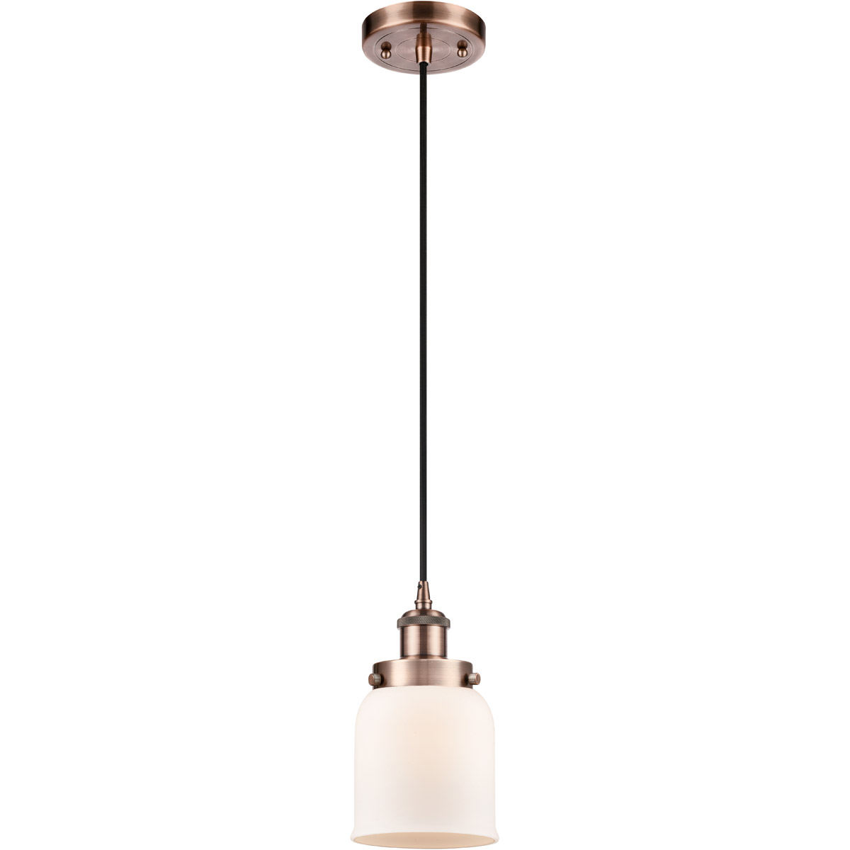 Innovations Lighting 916-1P-AC-G51-LED Ballston Small Bell LED 5 inch Antique Copper Mini Pendant Ceiling Light in Matte White Glass, Black Textured