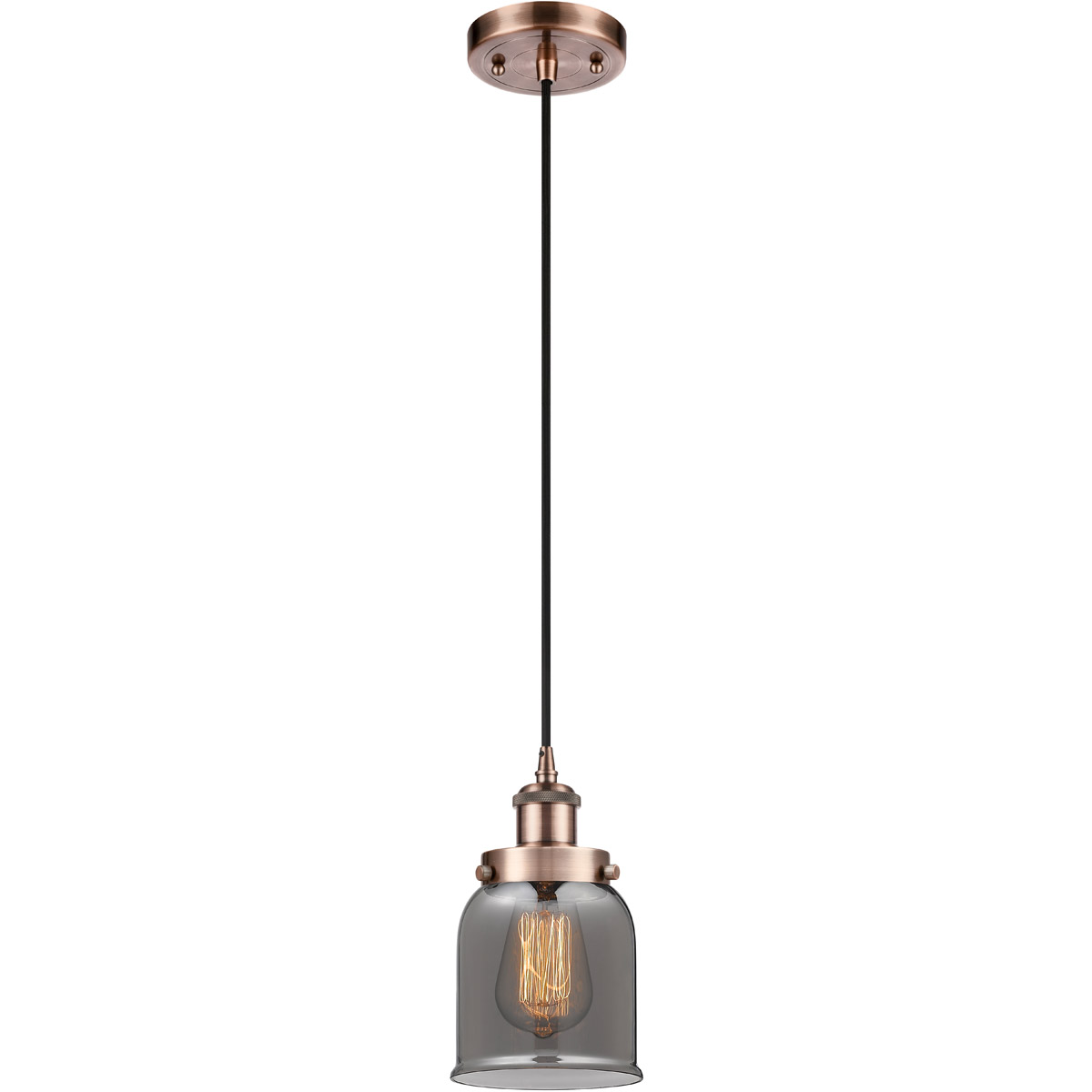 Innovations Lighting 916-1P-AC-G53 Ballston Small Bell 1 Light 5 inch Antique Copper Mini Pendant Ceiling Light in Black Textured, Light Smoke Glass