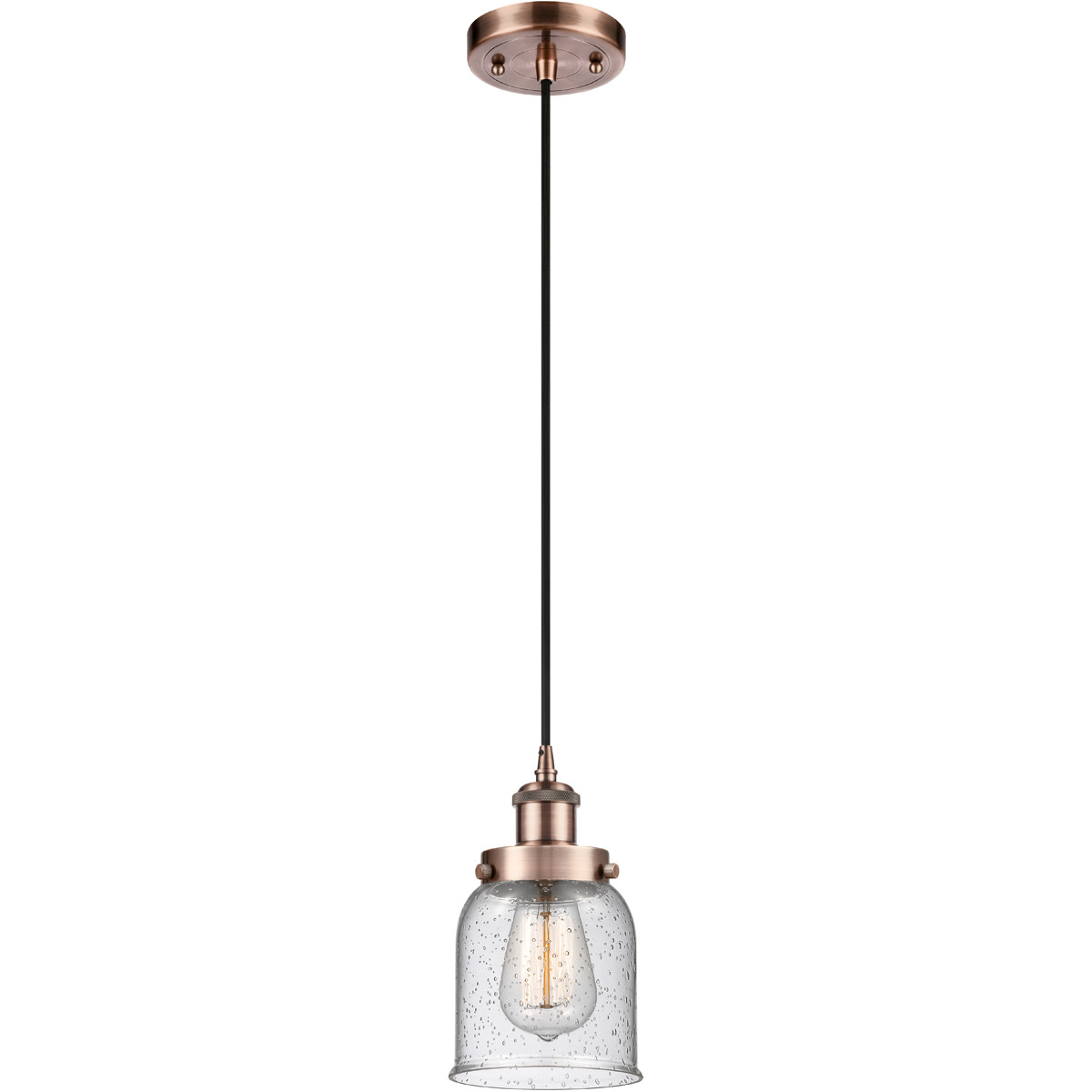 Innovations Lighting 916-1P-AC-G54 Ballston Small Bell 1 Light 5 inch Antique Copper Mini Pendant Ceiling Light in Seedy Glass
