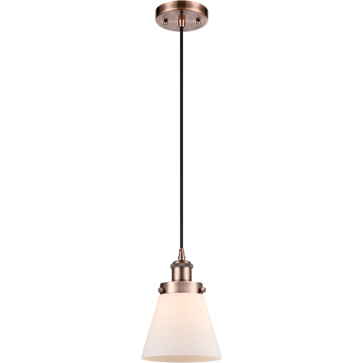 Innovations Lighting 916-1P-AC-G61-LED Ballston Small Cone LED 6 inch Antique Copper Mini Pendant Ceiling Light in Matte White Glass, Black Textured