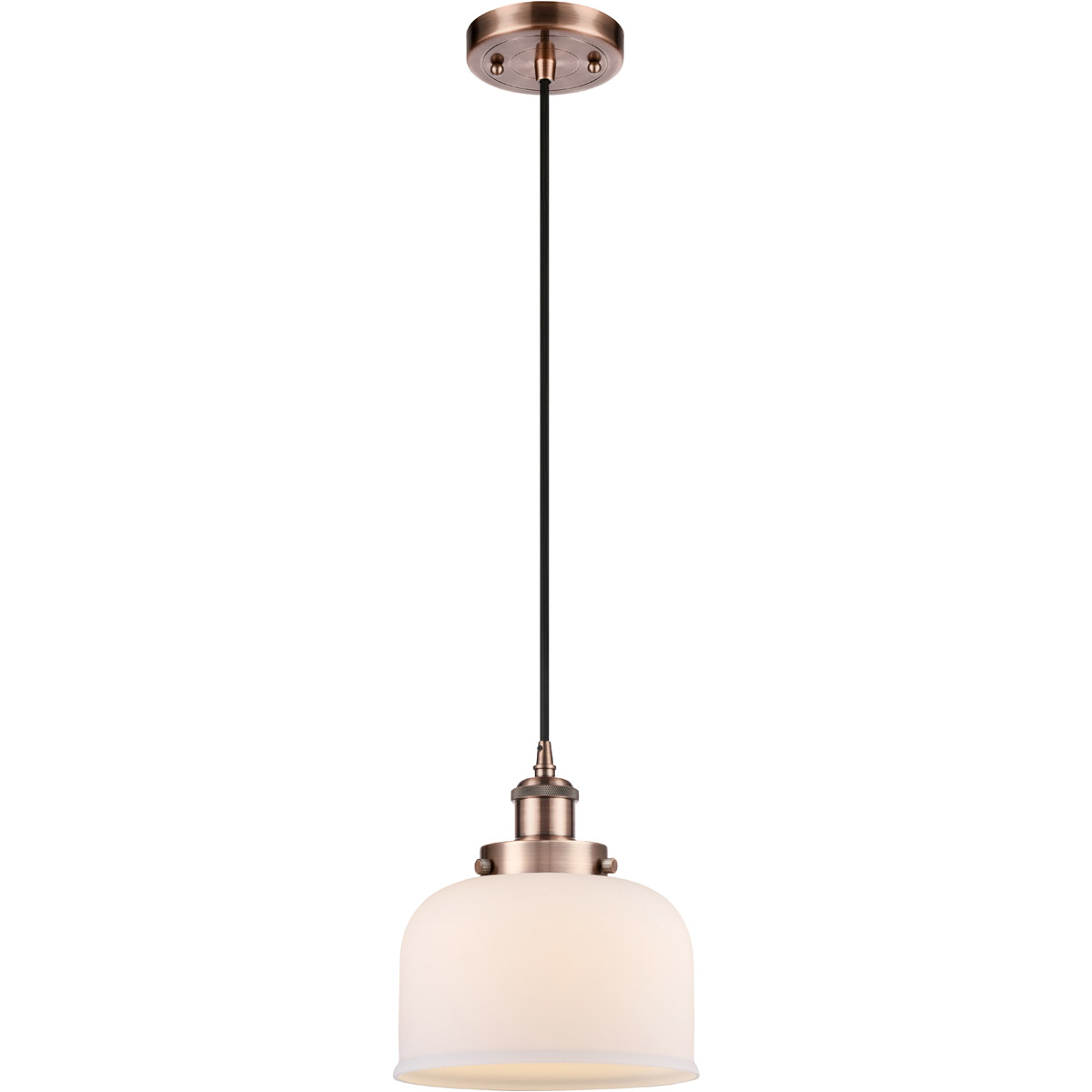 Innovations Lighting 916-1P-AC-G71-LED Ballston Large Bell LED 8 inch Antique Copper Mini Pendant Ceiling Light in Matte White Glass, Black Textured