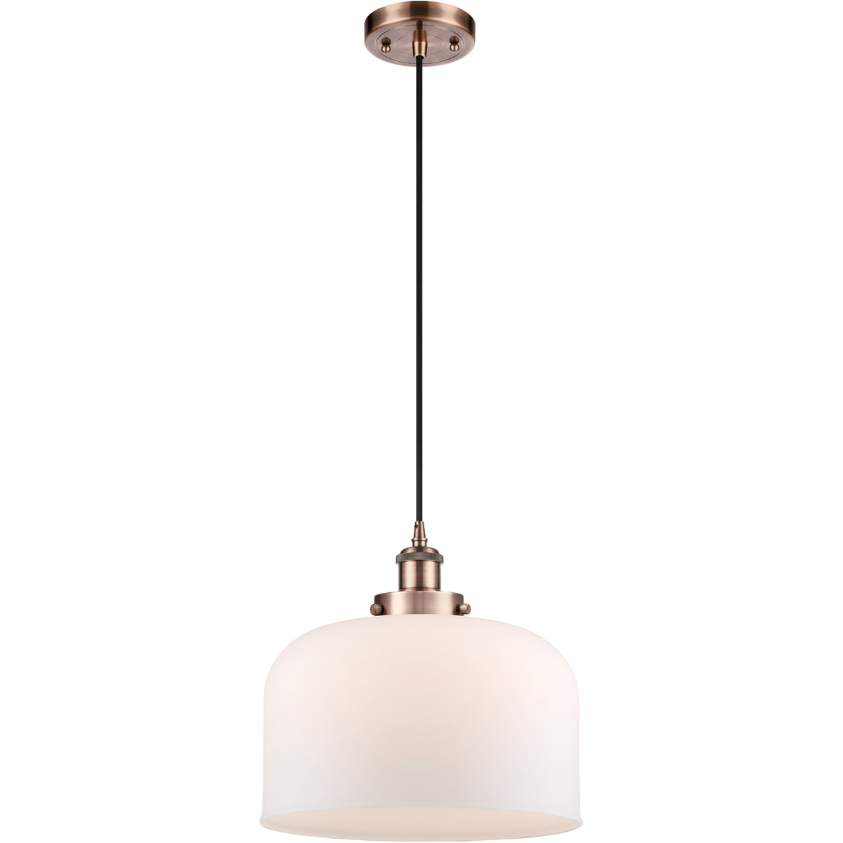 Innovations Lighting 916-1P-AC-G71-L-LED Ballston X-Large Bell LED 12 inch Antique Copper Mini Pendant Ceiling Light in Matte White Glass, Black Textu