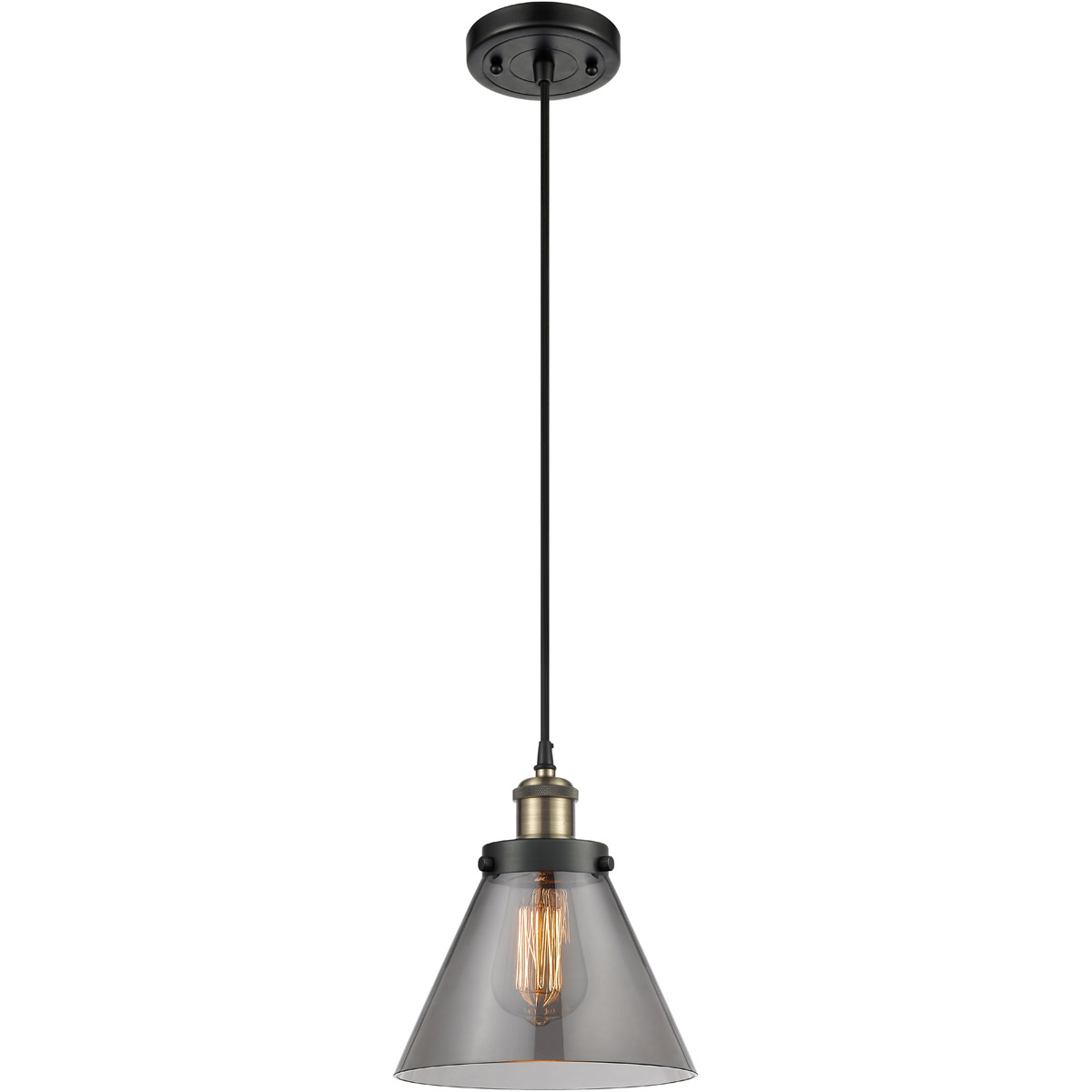 Innovations Lighting 916-1P-BAB-G43-LED Ballston Large Cone LED 8 inch Black Antique Brass Mini Pendant Ceiling Light in Black Textured, Light Smoke G