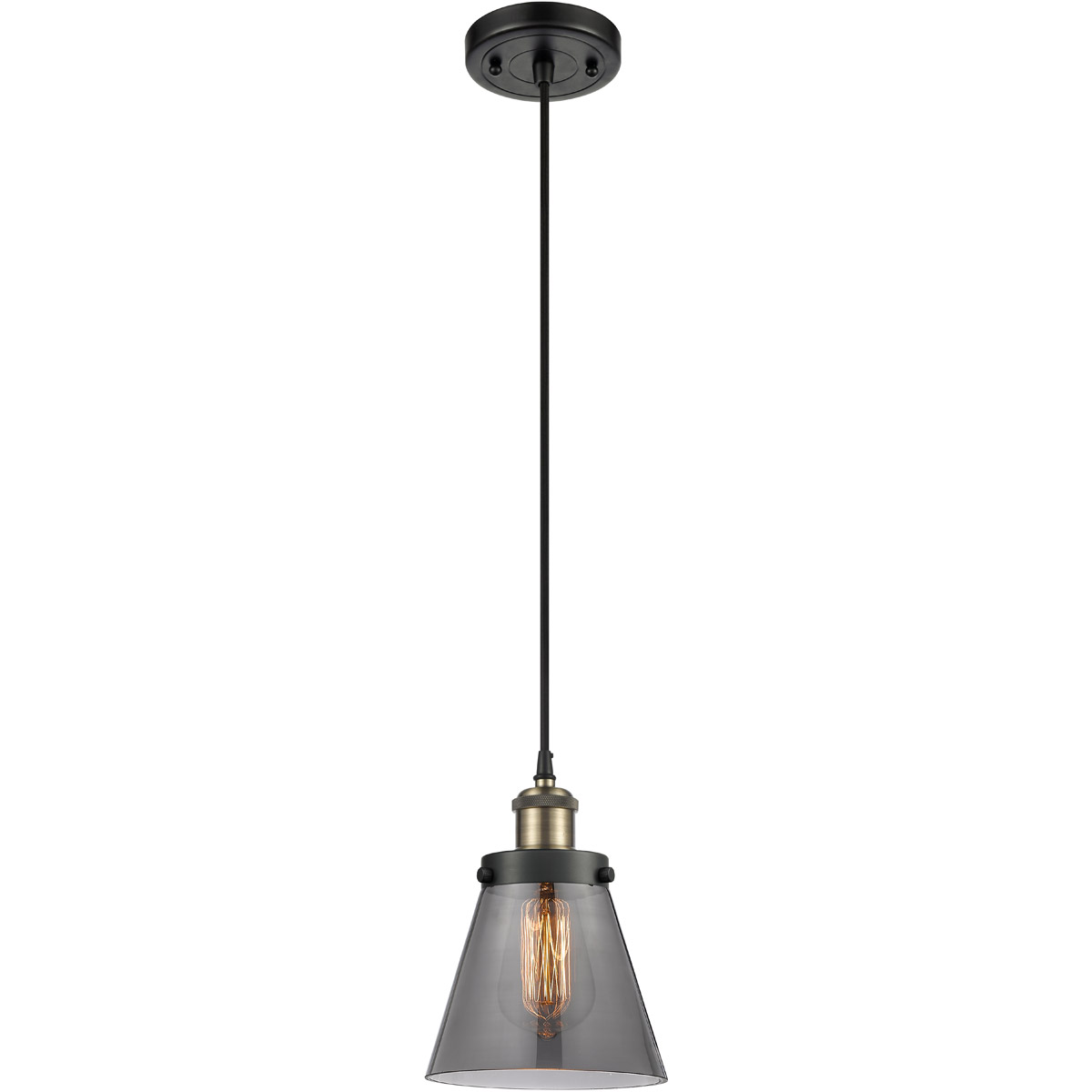 Innovations Lighting 916-1P-BAB-G63-LED Ballston Small Cone LED 6 inch Black Antique Brass Mini Pendant Ceiling Light in Black Textured, Light Smoke G