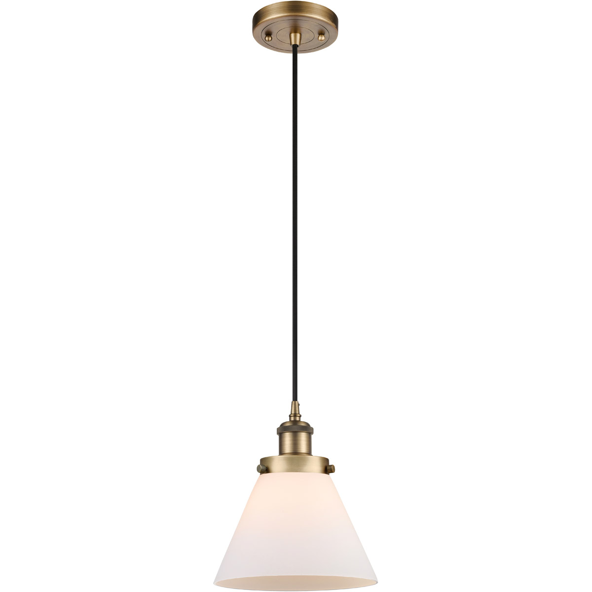 Innovations Lighting 916-1P-BB-G41-LED Ballston Large Cone LED 8 inch Brushed Brass Mini Pendant Ceiling Light in Matte White Glass, Black Textured