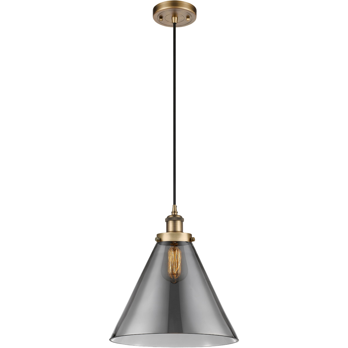 Innovations Lighting 916-1P-BB-G43-L-LED Ballston X-Large Cone LED 8 inch Brushed Brass Mini Pendant Ceiling Light in Plated Smoke Glass, Black Textur