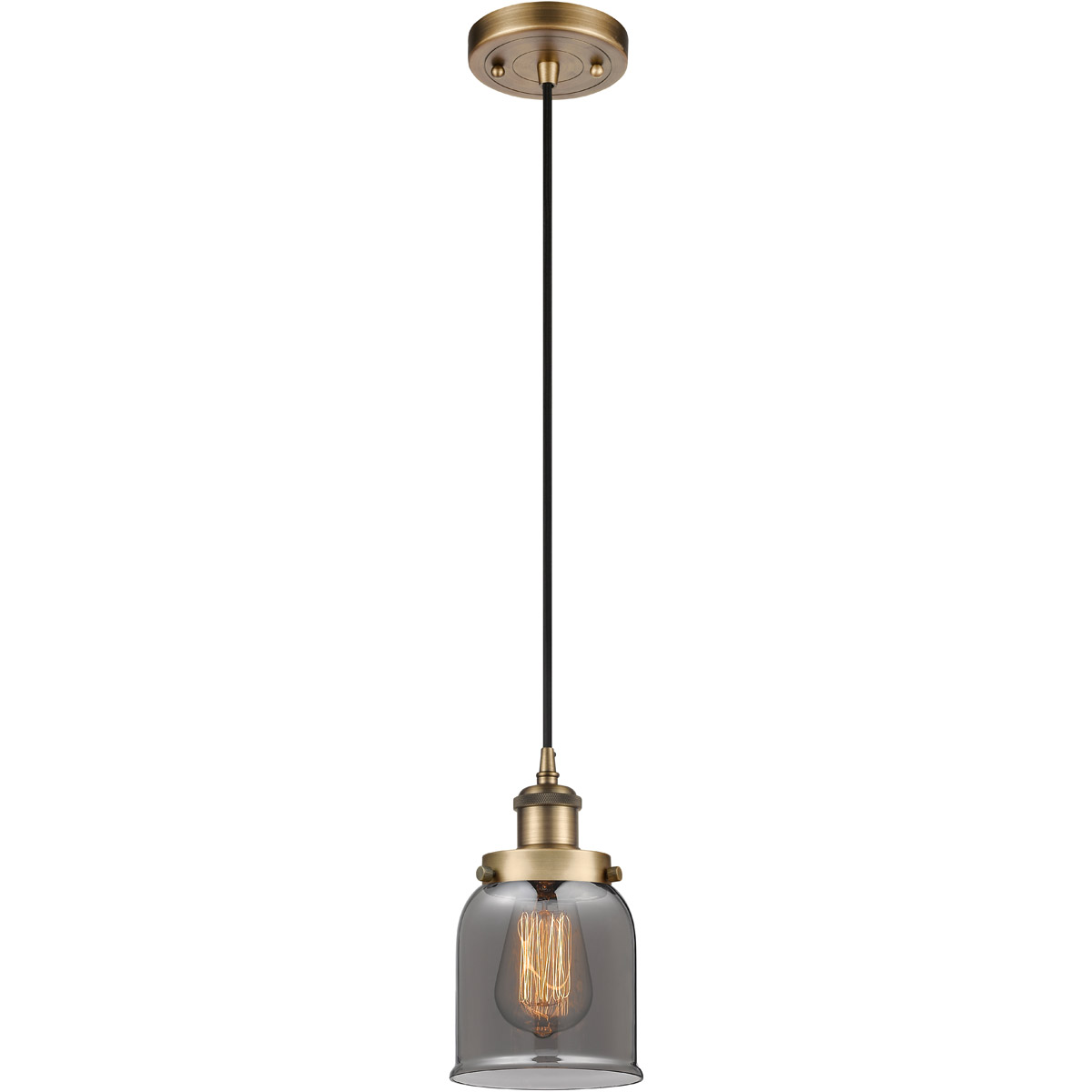 Innovations Lighting 916-1P-BB-G53 Ballston Small Bell 1 Light 5 inch Brushed Brass Mini Pendant Ceiling Light in Black Textured, Light Smoke Glass