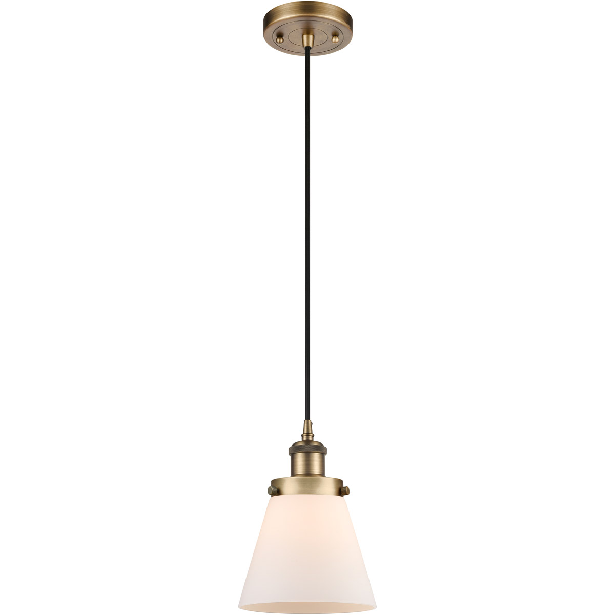 Innovations Lighting 916-1P-BB-G61-LED Ballston Small Cone LED 6 inch Brushed Brass Mini Pendant Ceiling Light in Matte White Glass, Black Textured