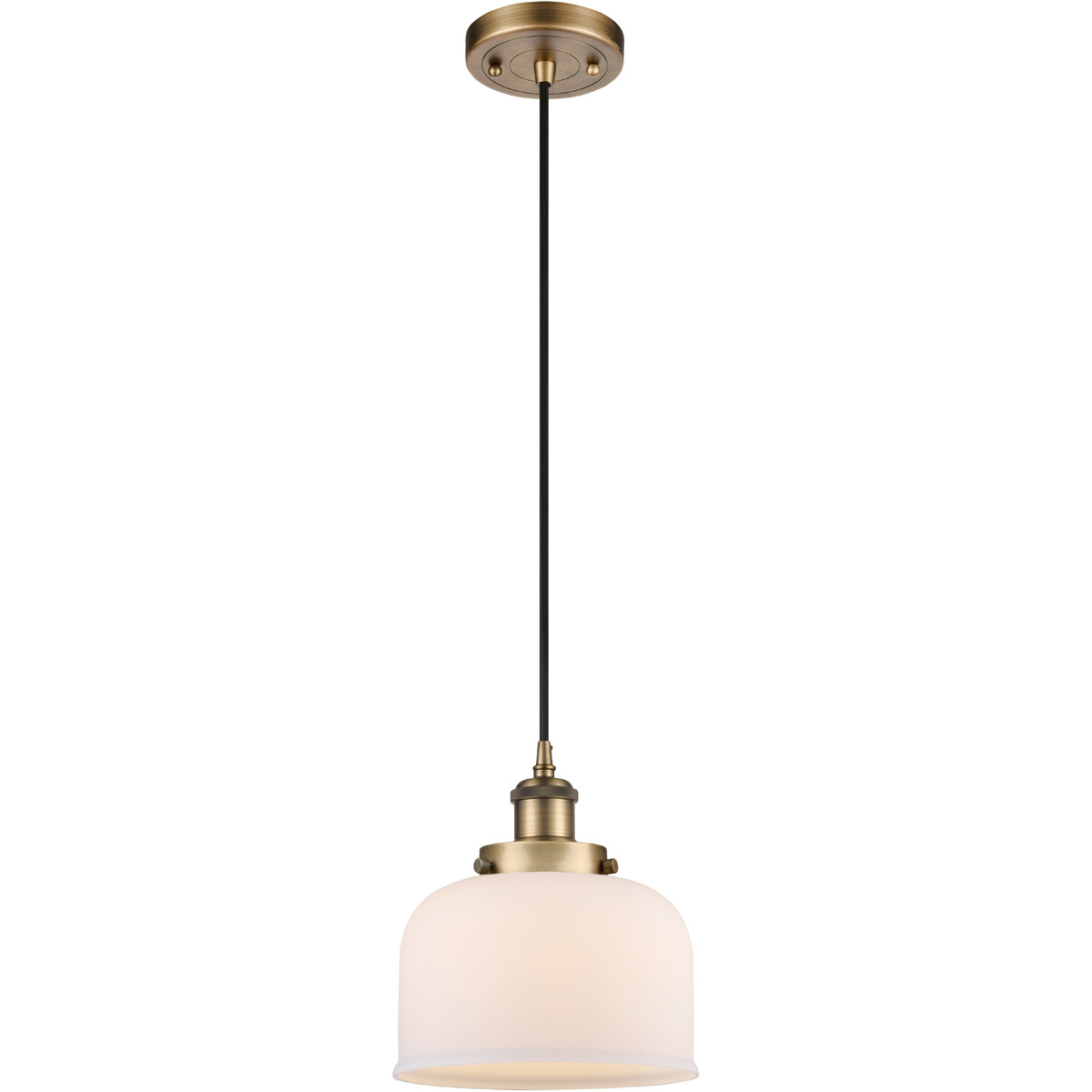 Innovations Lighting 916-1P-BB-G71-LED Ballston Large Bell LED 8 inch Brushed Brass Mini Pendant Ceiling Light in Matte White Glass, Black Textured