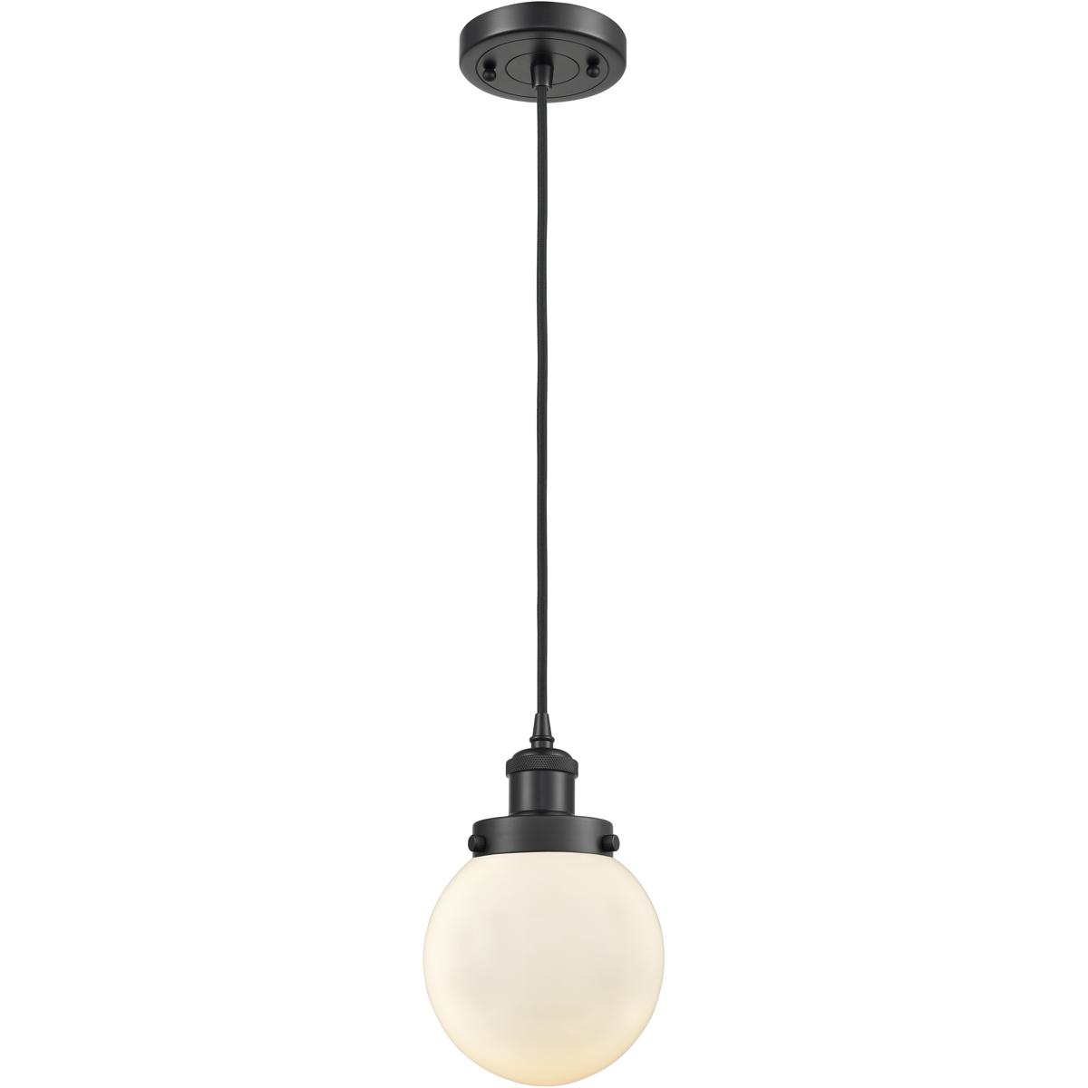 Innovations Lighting 916-1P-BK-G201-6-LED Ballston Beacon LED 6 inch Matte Black Mini Pendant Ceiling Light in Matte White Glass, Black Textured, Ball