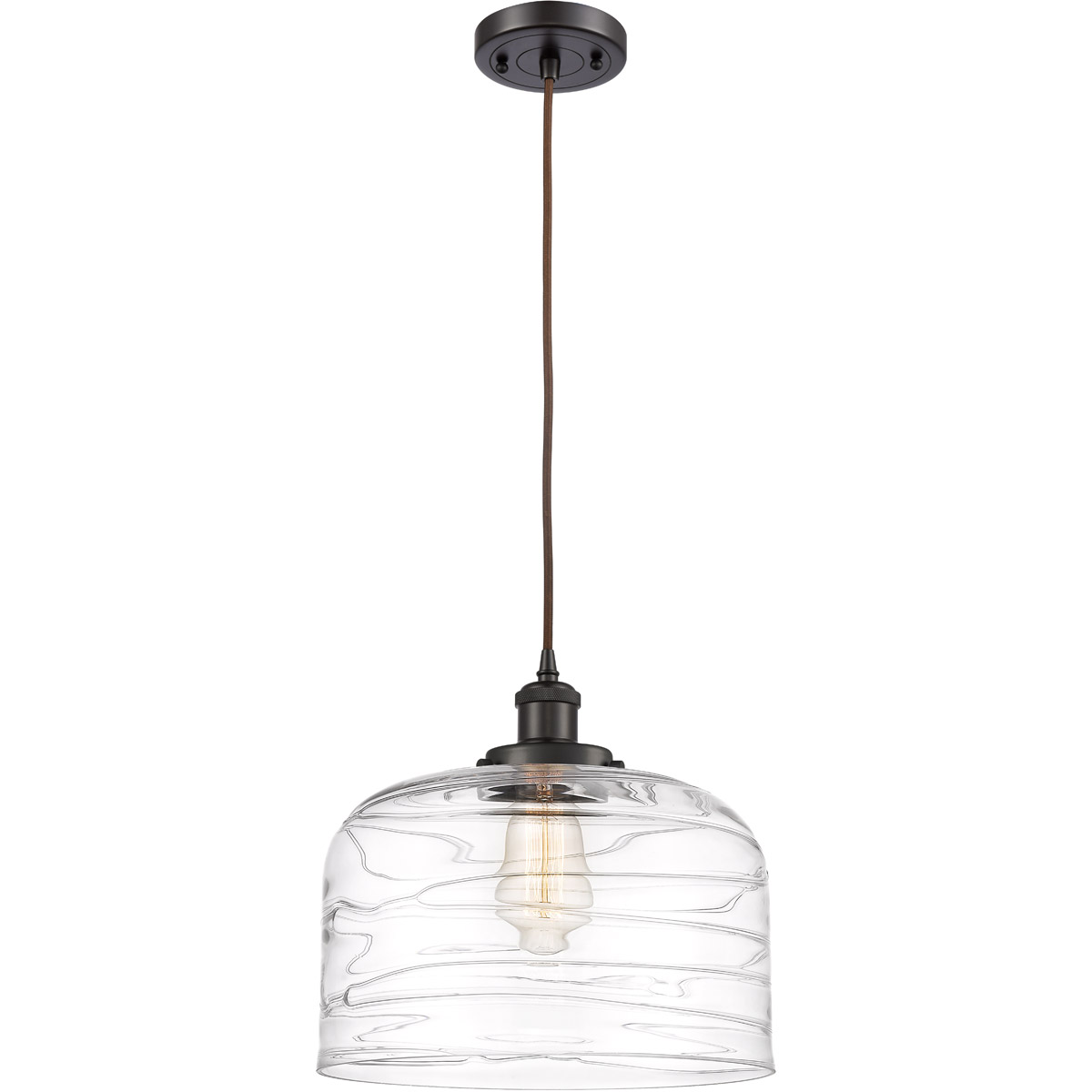 Innovations Lighting 916-1P-OB-G713-L-LED Ballston Bell LED 12 inch Oil Rubbed Bronze Mini Pendant Ceiling Light in Black Textured, Clear Deco Swirl G