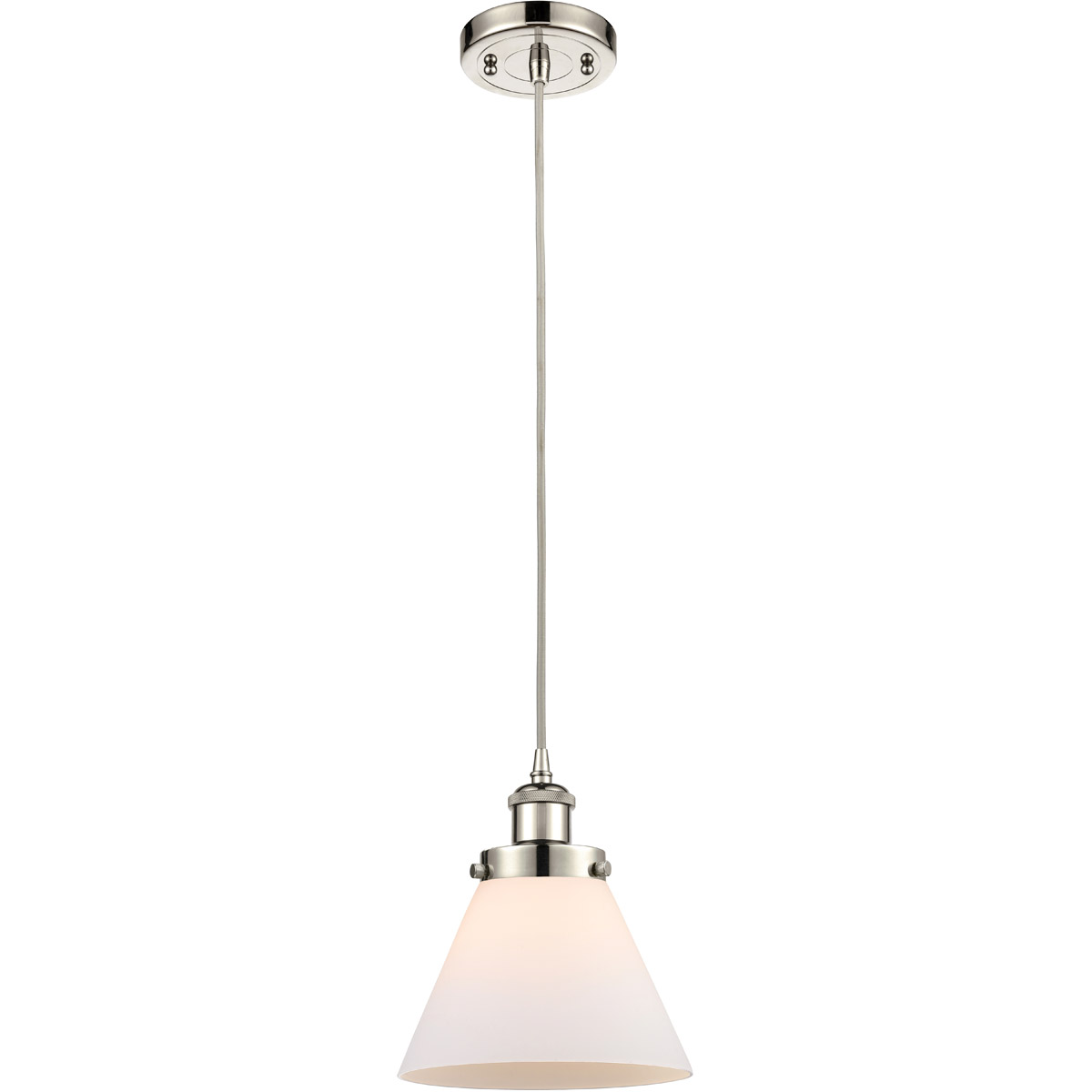 Innovations Lighting 916-1P-PN-G41-LED Ballston Large Cone LED 8 inch Polished Nickel Mini Pendant Ceiling Light in Matte White Glass, Black Textured