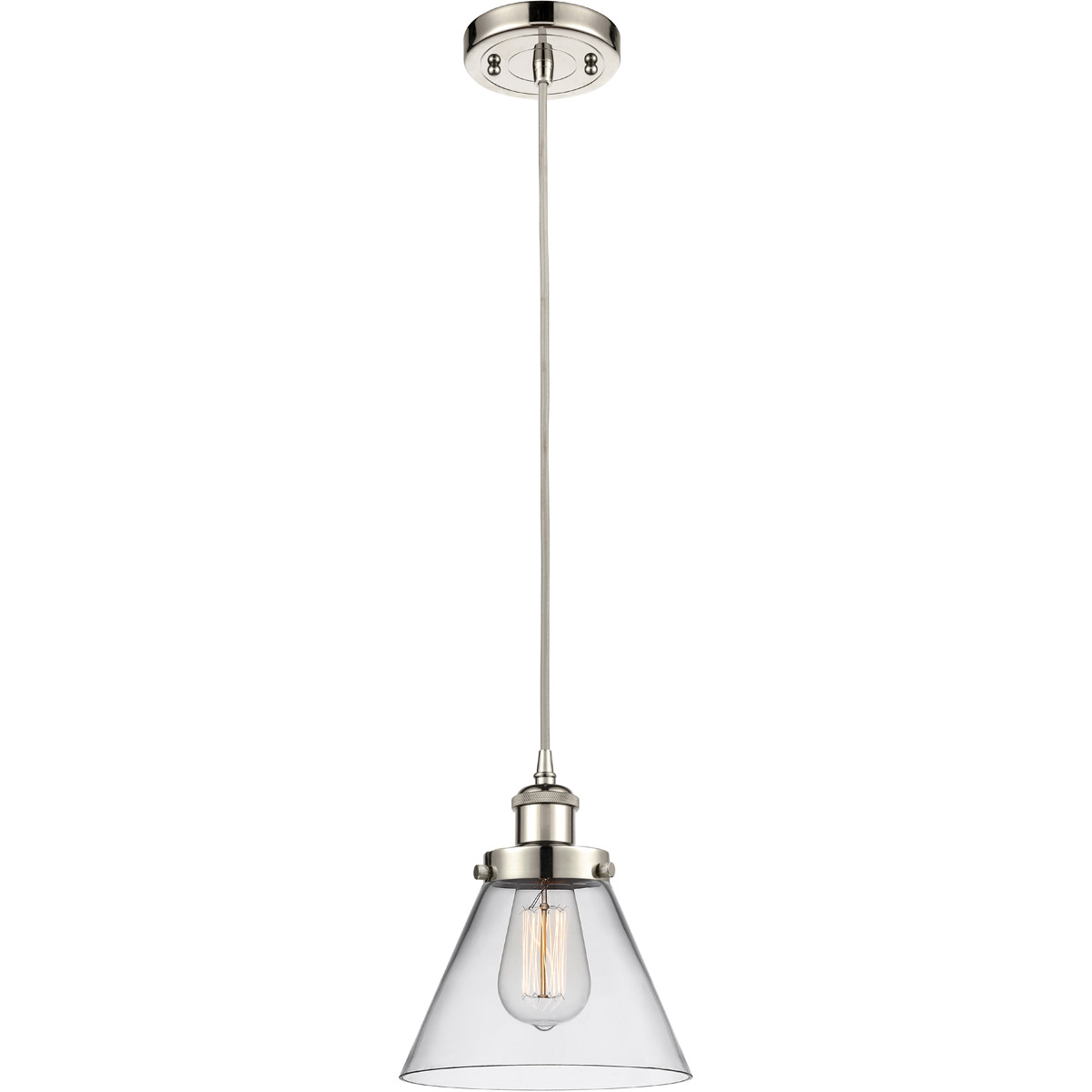 Innovations Lighting 916-1P-PN-G42-LED Ballston Large Cone LED 8 inch Polished Nickel Mini Pendant Ceiling Light in Clear Glass, Black Textured