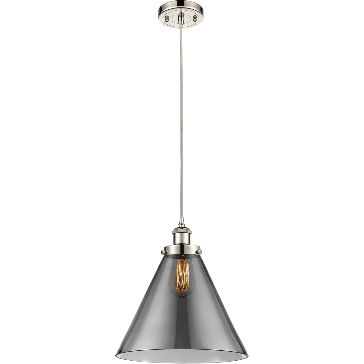 Innovations Lighting 916-1P-PN-G43-L-LED Ballston X-Large Cone LED 8 inch Polished Nickel Mini Pendant Ceiling Light in Plated Smoke Glass, Black Text