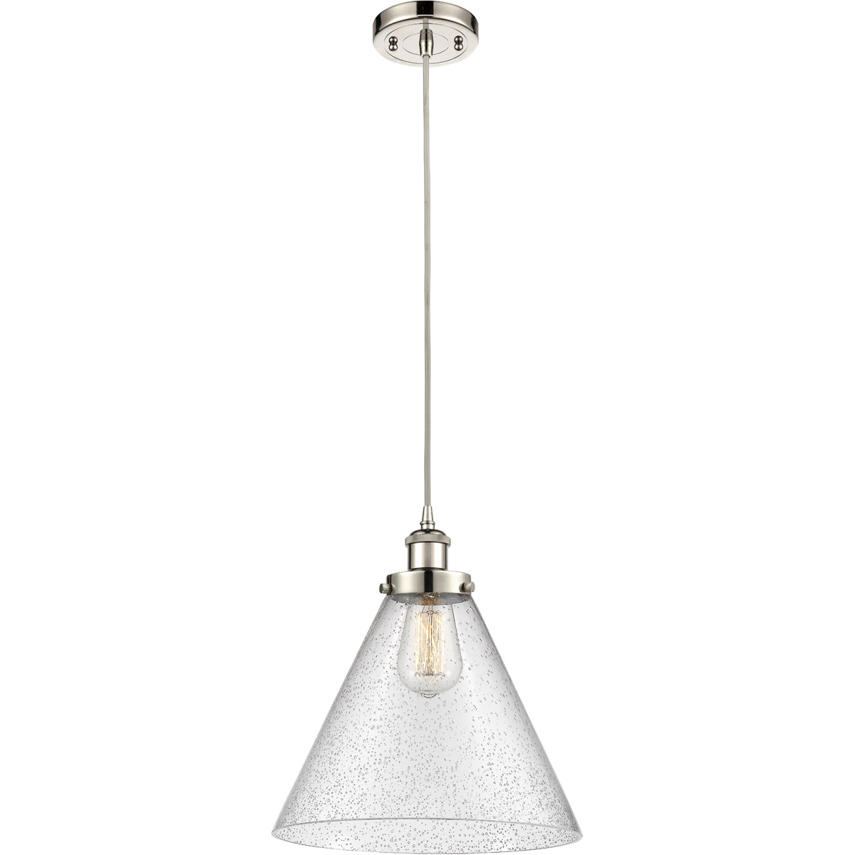 Innovations Lighting 916-1P-PN-G44-L-LED Ballston X-Large Cone LED 8 inch Polished Nickel Mini Pendant Ceiling Light in Seedy Glass, Black Textured