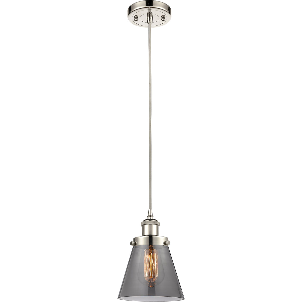 Innovations Lighting 916-1P-PN-G63-LED Ballston Small Cone LED 6 inch Polished Nickel Mini Pendant Ceiling Light in Plated Smoke Glass, Black Textured