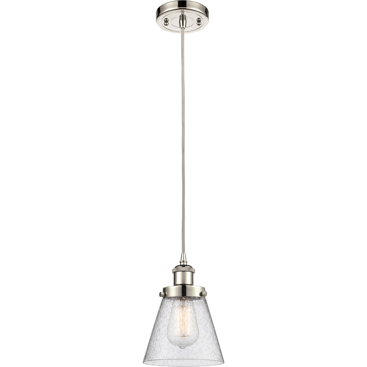 Innovations Lighting 916-1P-PN-G64-LED Ballston Small Cone LED 6 inch Polished Nickel Mini Pendant Ceiling Light in Seedy Glass, Black Textured