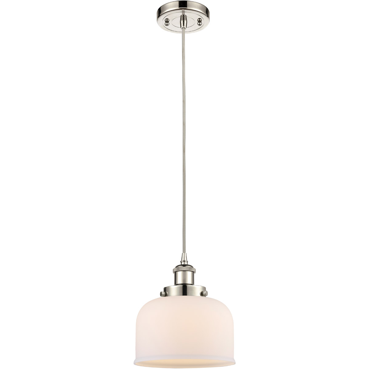 Innovations Lighting 916-1P-PN-G71-LED Ballston Large Bell LED 8 inch Polished Nickel Mini Pendant Ceiling Light in Matte White Glass, Black Textured