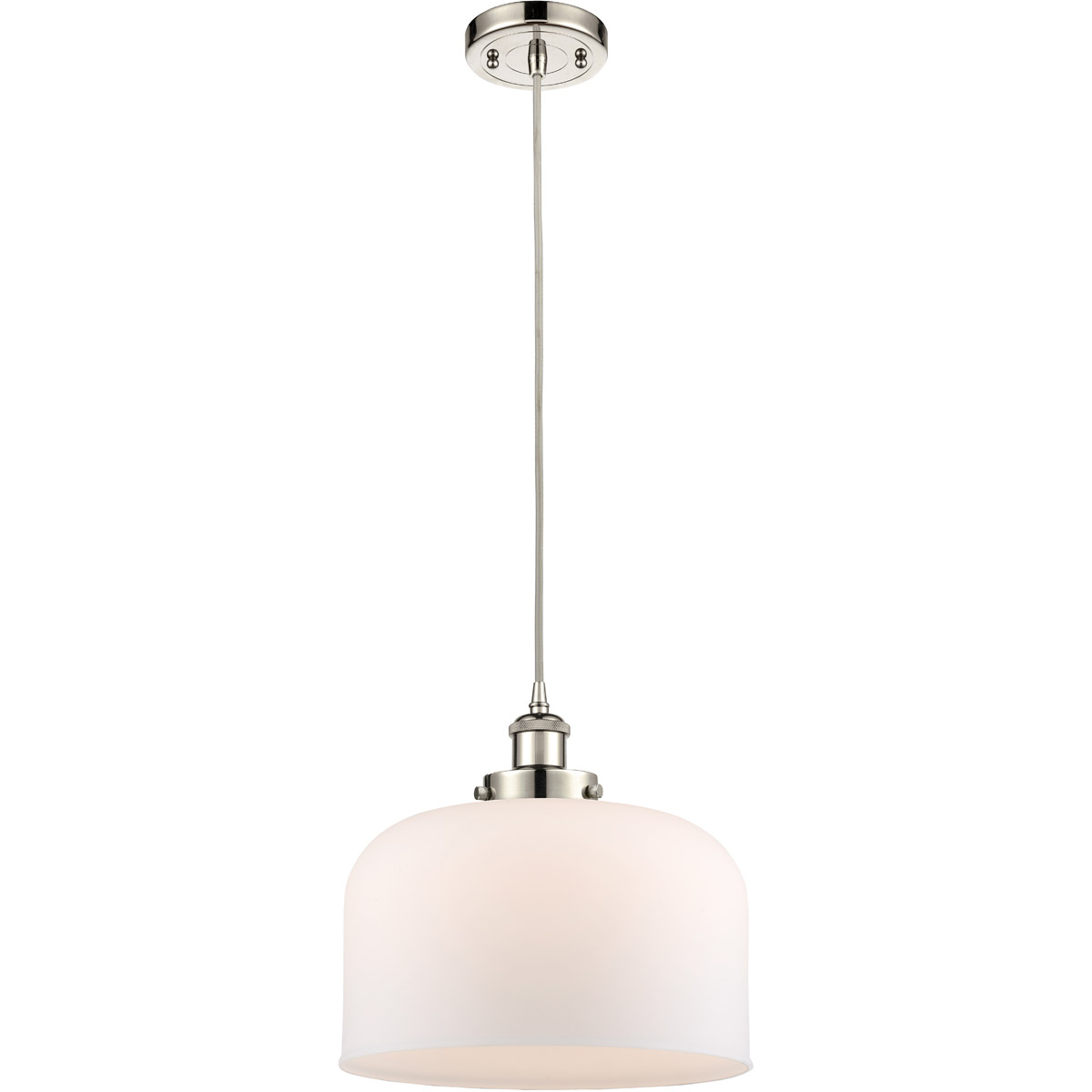 Innovations Lighting 916-1P-PN-G71-L-LED Ballston X-Large Bell LED 12 inch Polished Nickel Mini Pendant Ceiling Light in Matte White Glass, Black Text