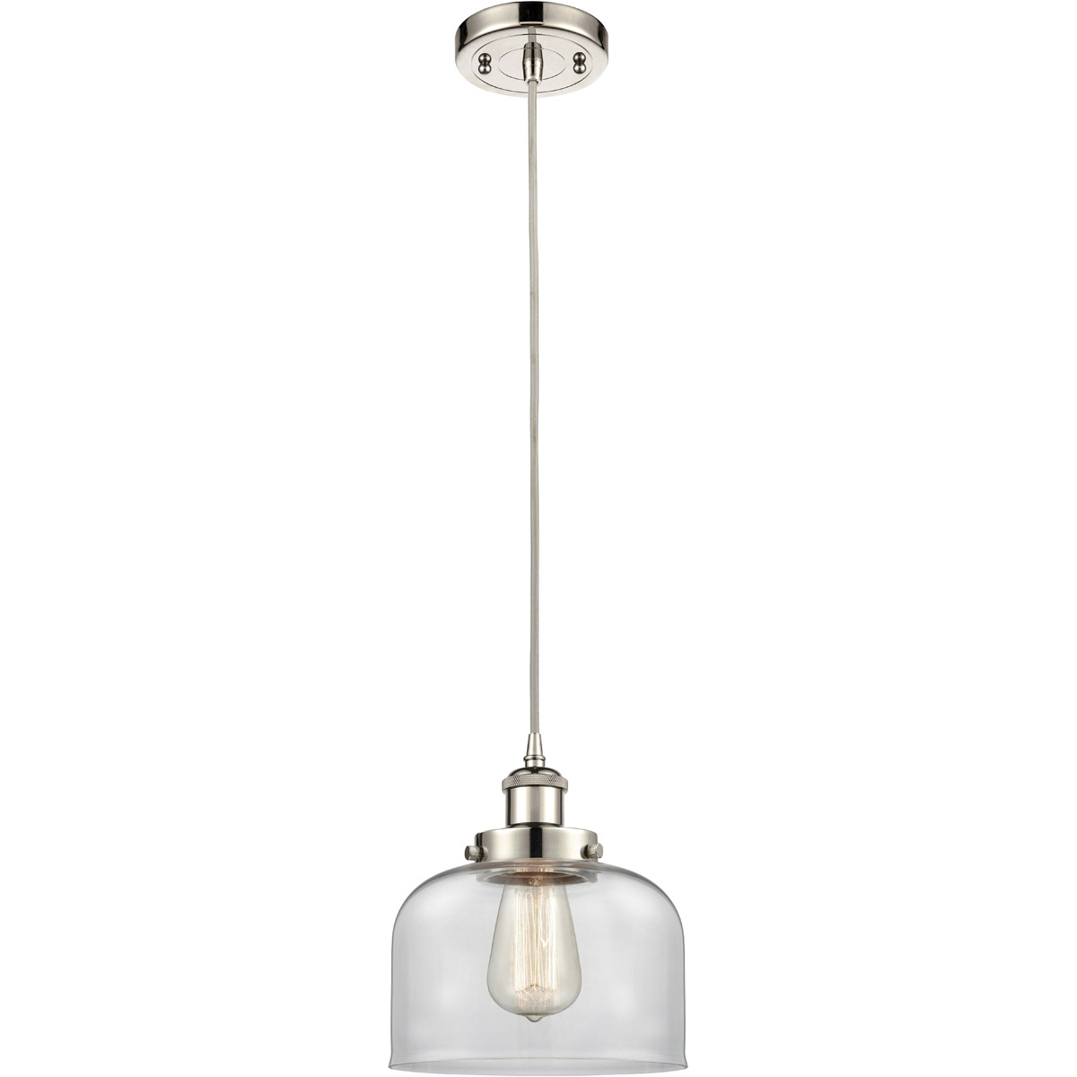 Innovations Lighting 916-1P-PN-G72-LED Ballston Large Bell LED 8 inch Polished Nickel Mini Pendant Ceiling Light in Clear Glass, Black Textured