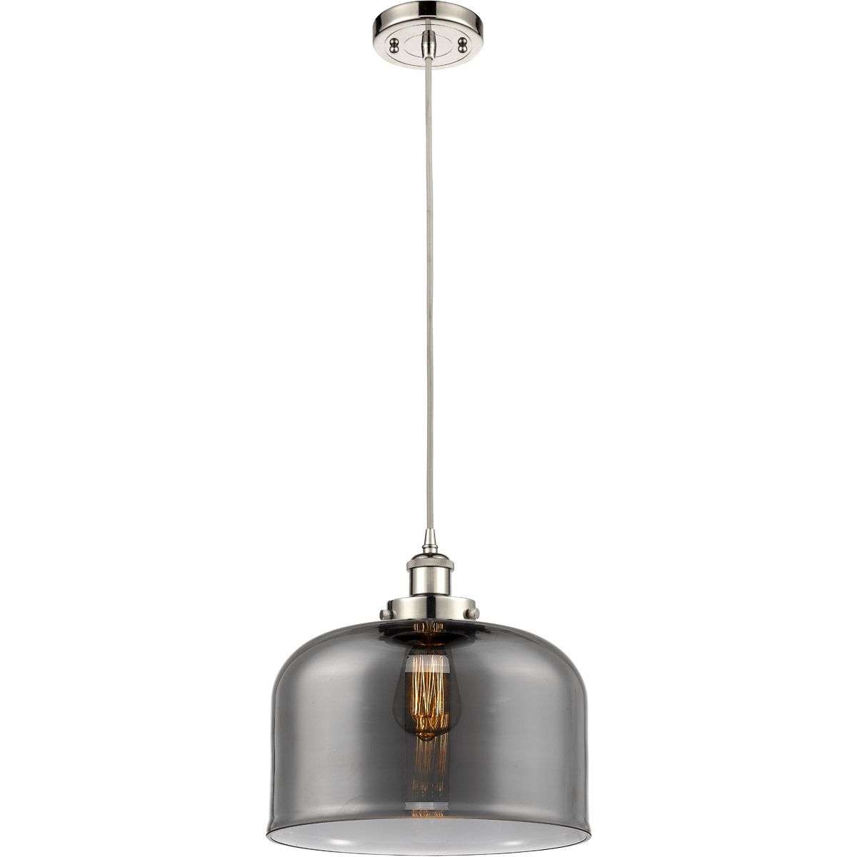 Innovations Lighting 916-1P-PN-G73-L-LED Ballston X-Large Bell LED 12 inch Polished Nickel Mini Pendant Ceiling Light in Plated Smoke Glass, Black Tex