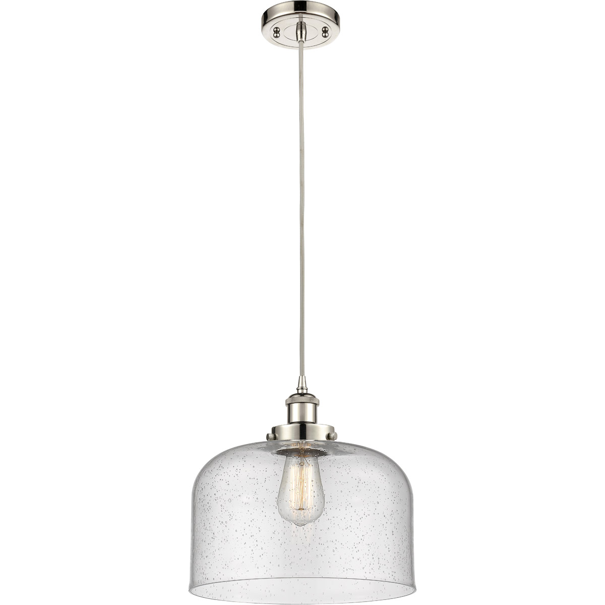 Innovations Lighting 916-1P-PN-G74-L-LED Ballston X-Large Bell LED 12 inch Polished Nickel Mini Pendant Ceiling Light in Seedy Glass, Black Textured