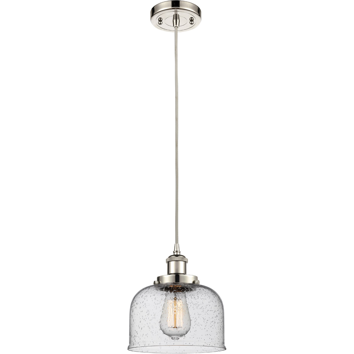 Innovations Lighting 916-1P-PN-G74-LED Ballston Large Bell LED 8 inch Polished Nickel Mini Pendant Ceiling Light in Seedy Glass, Black Textured