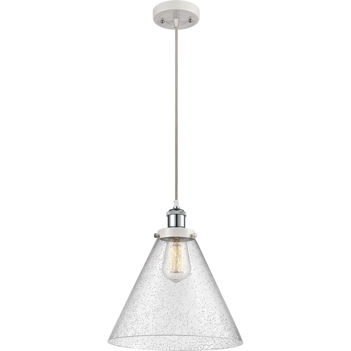 Innovations Lighting 916-1P-WPC-G44-L-LED Ballston X-Large Cone LED 8 inch White and Polished Chrome Mini Pendant Ceiling Light in Seedy Glass