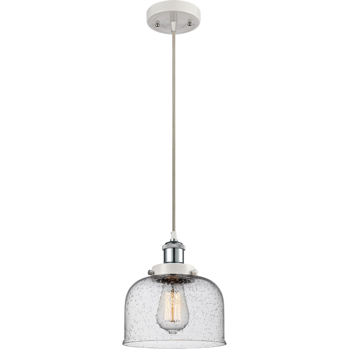 Innovations Lighting 916-1P-WPC-G74-LED Ballston Large Bell LED 8 inch White and Polished Chrome Mini Pendant Ceiling Light in Seedy Glass