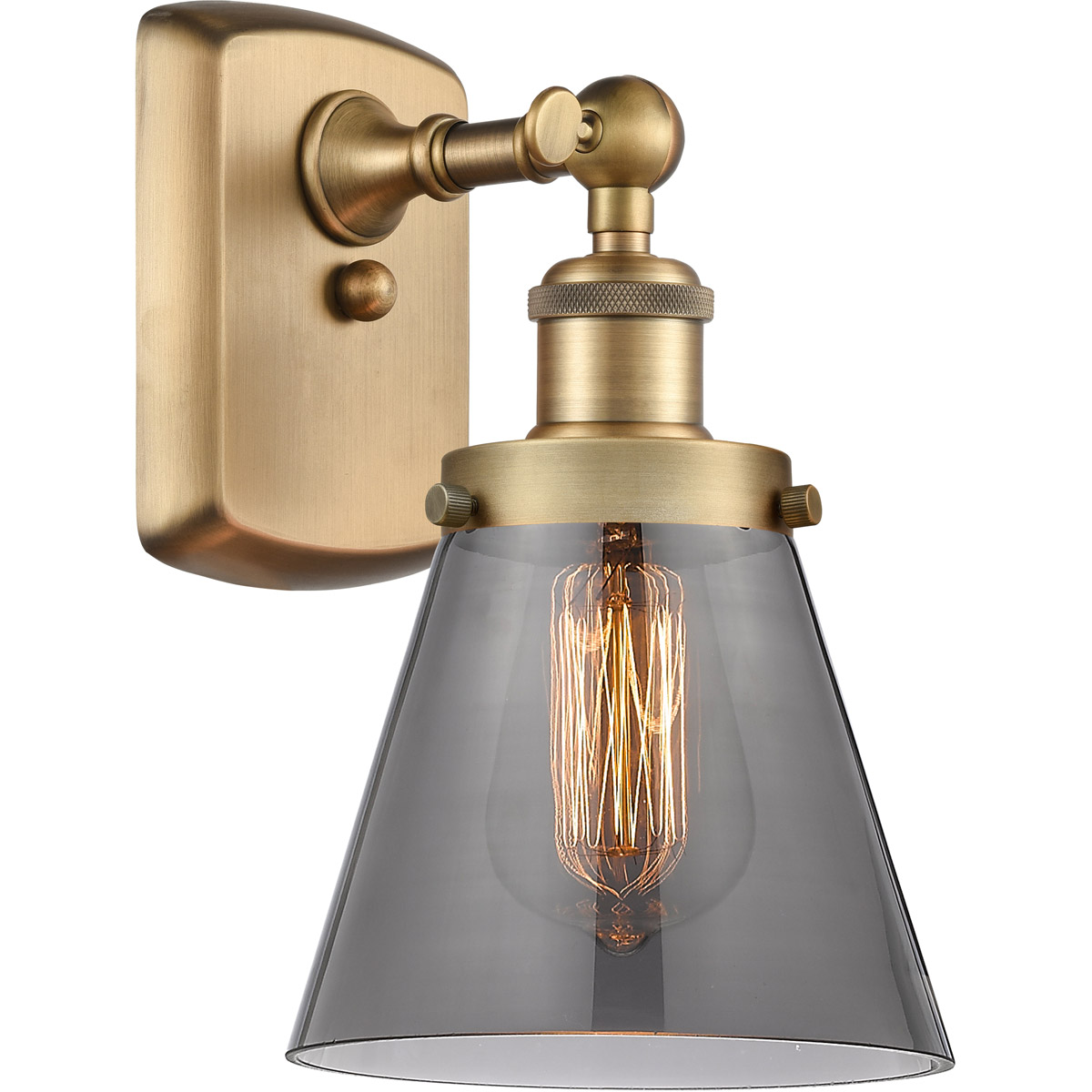 Innovations Lighting 916-1W-BB-G63-LED Ballston Small Cone LED 6 inch Brushed Brass Sconce Wall Light in Plated Smoke Glass