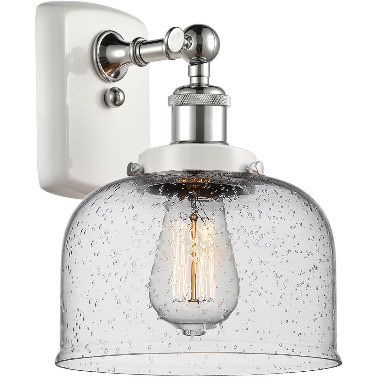 Innovations Lighting 916-1W-WPC-G74-LED Ballston Large Bell LED 12 inch White and Polished Chrome Sconce Wall Light in Seedy Glass