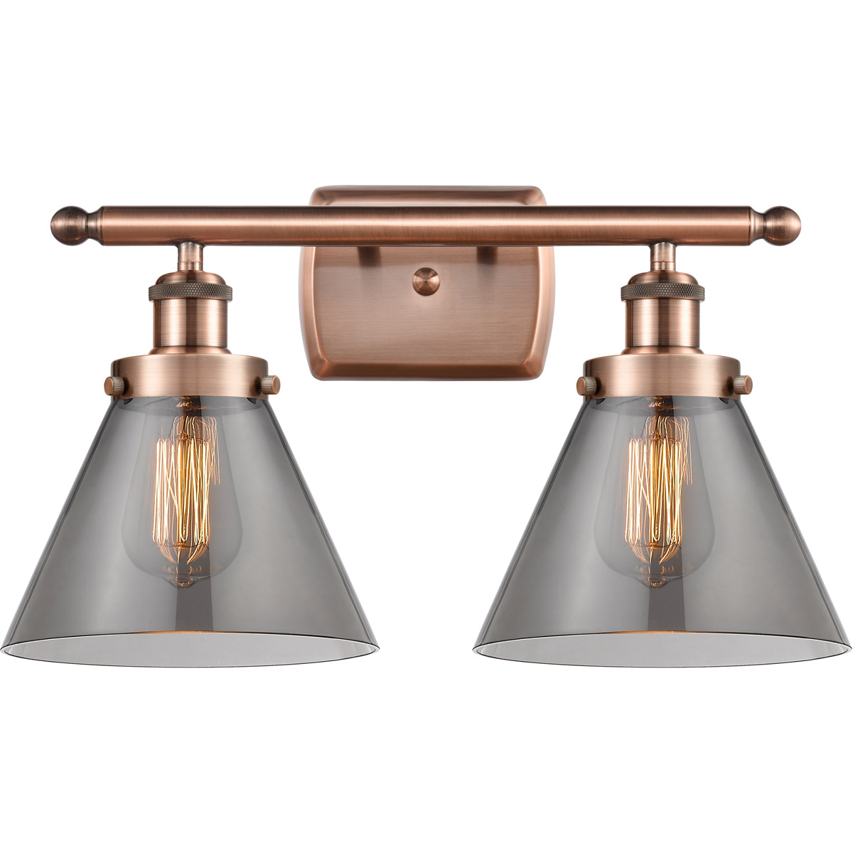 Innovations Lighting 916-2W-AC-G43-LED Ballston Large Cone LED 16 inch Antique Copper Bath Vanity Light Wall Light in Light Smoke Glass