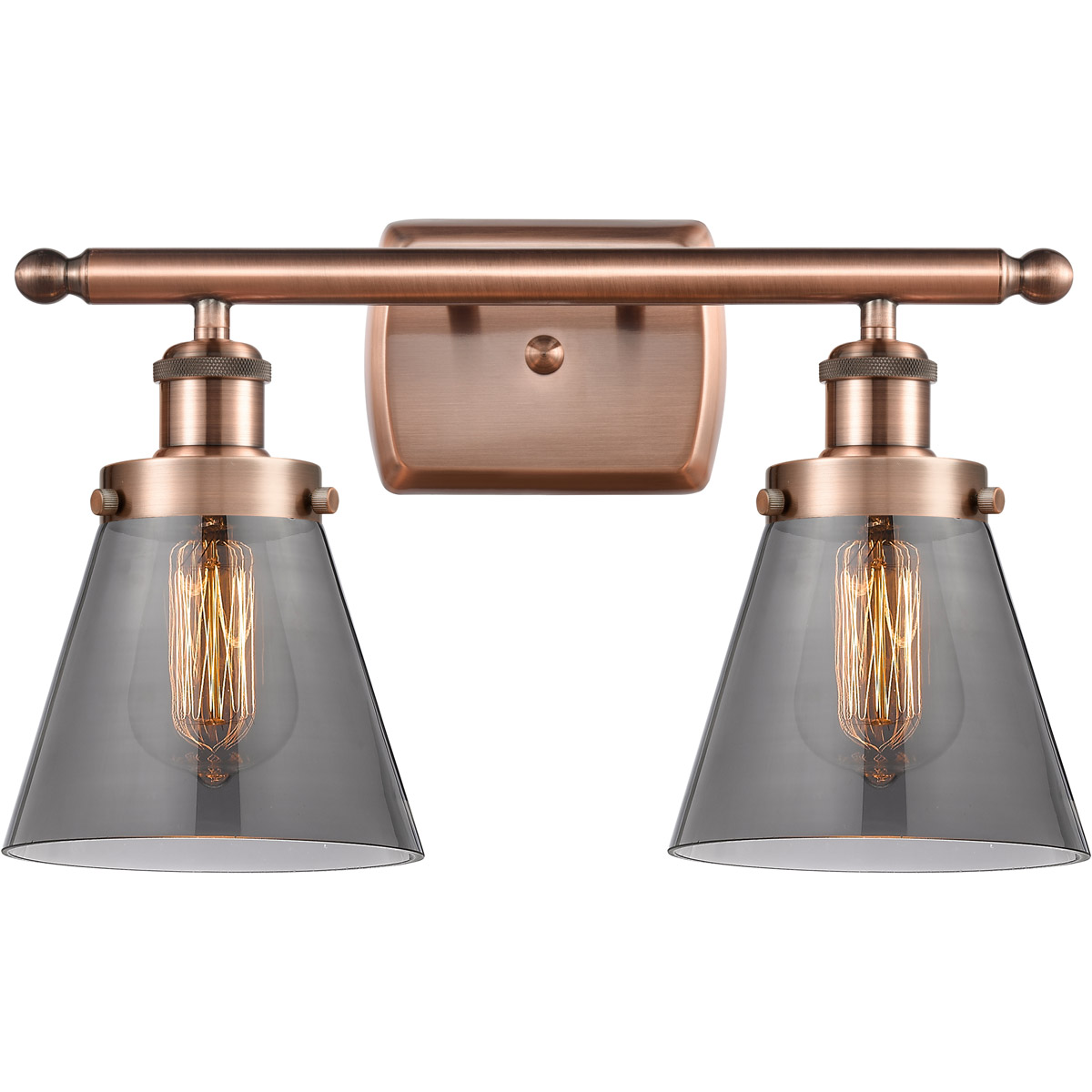Innovations Lighting 916-2W-AC-G63-LED Ballston Small Cone LED 16 inch Antique Copper Bath Vanity Light Wall Light in Light Smoke Glass
