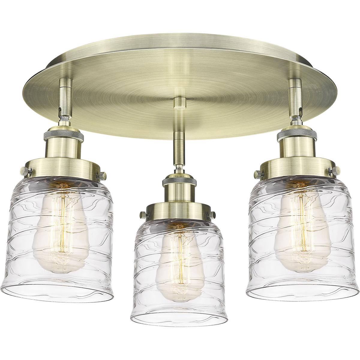 Innovations Lighting 916-3C-AB-G513 Bell 3 Light 16.75 inch Antique Brass Flush Mount Ceiling Light in Clear Deco Swirl