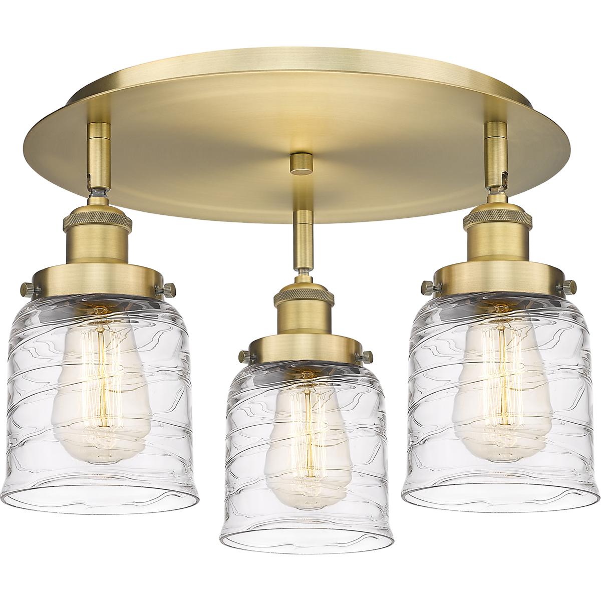 Innovations Lighting 916-3C-BB-G513 Bell 3 Light 16.75 inch Brushed Brass Flush Mount Ceiling Light in Clear Deco Swirl