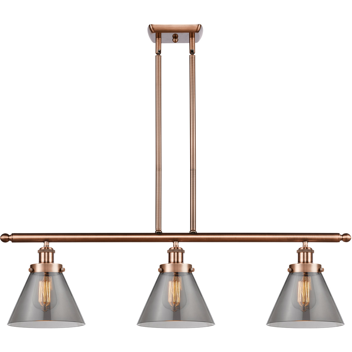 Innovations Lighting 916-3I-AC-G43-LED Ballston Large Cone LED 36 inch Antique Copper Island Light Ceiling Light in Plated Smoke Glass