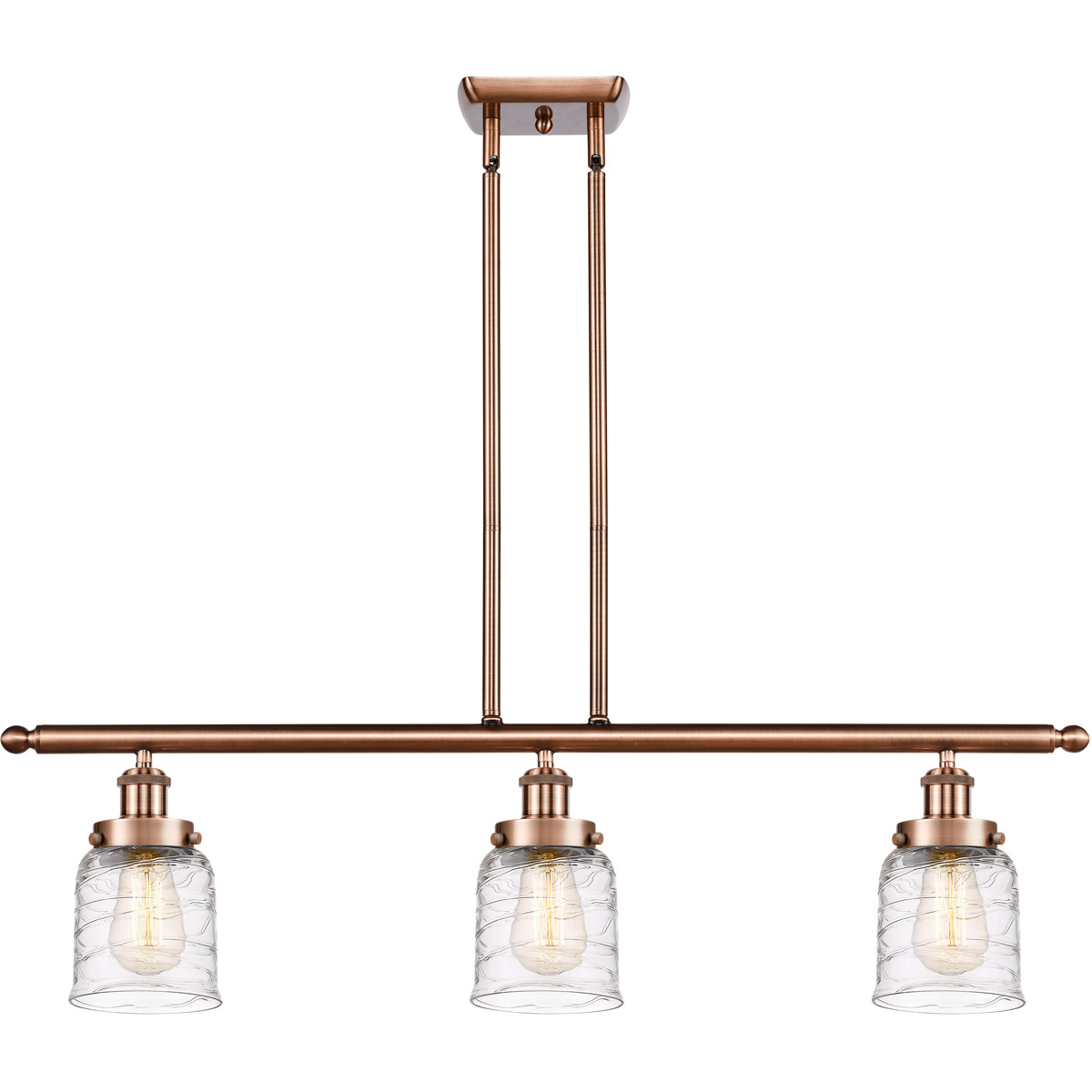 Innovations Lighting 916-3I-AC-G513-LED Ballston Bell LED 36 inch Antique Copper Island Light Ceiling Light in Deco Swirl Glass