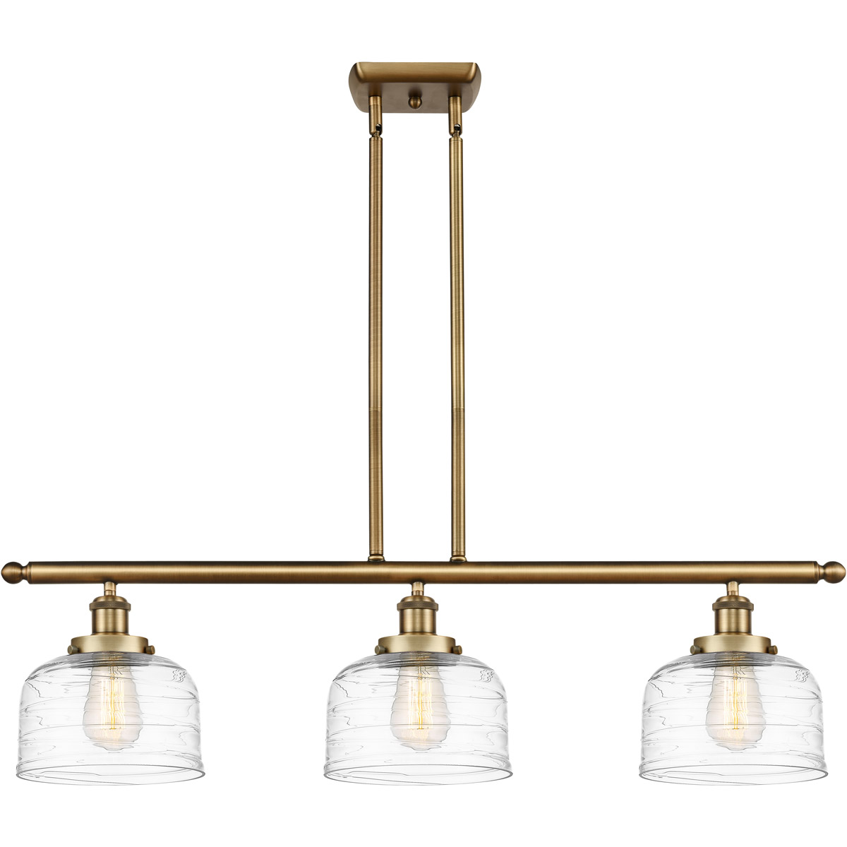 Innovations Lighting 916-3I-BB-G713-LED Ballston Bell LED 36 inch Brushed Brass Island Light Ceiling Light in Clear Deco Swirl Glass