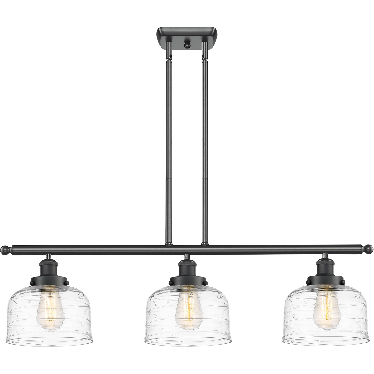Innovations Lighting 916-3I-BK-G713-LED Ballston Bell LED 36 inch Matte Black Island Light Ceiling Light in Clear Deco Swirl Glass