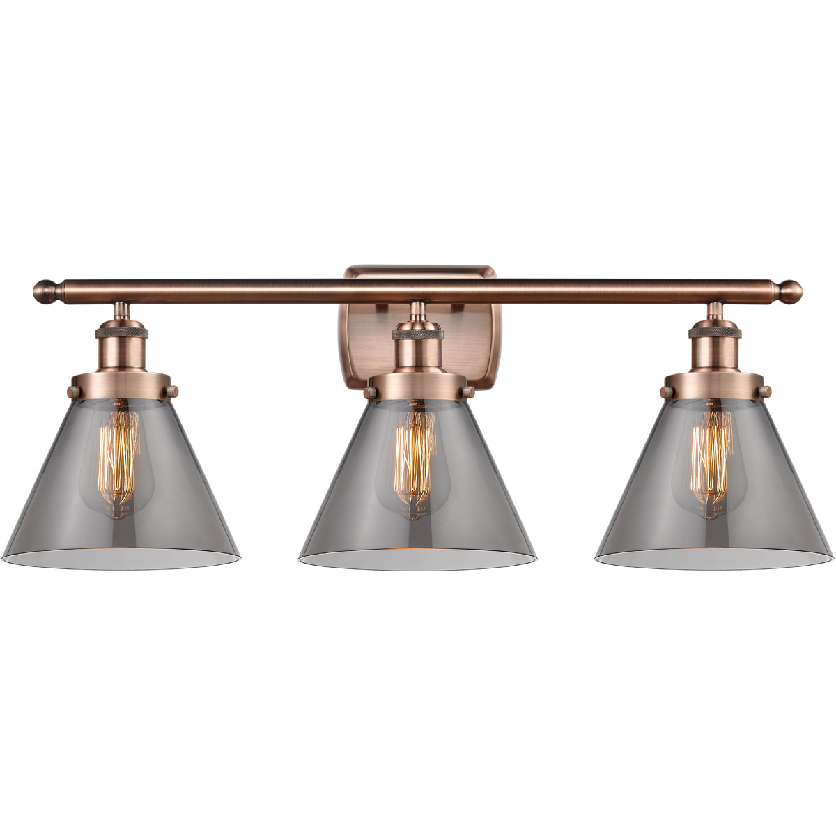 Innovations Lighting 916-3W-AC-G43-LED Ballston Large Cone LED 26 inch Antique Copper Bath Vanity Light Wall Light in Light Smoke Glass