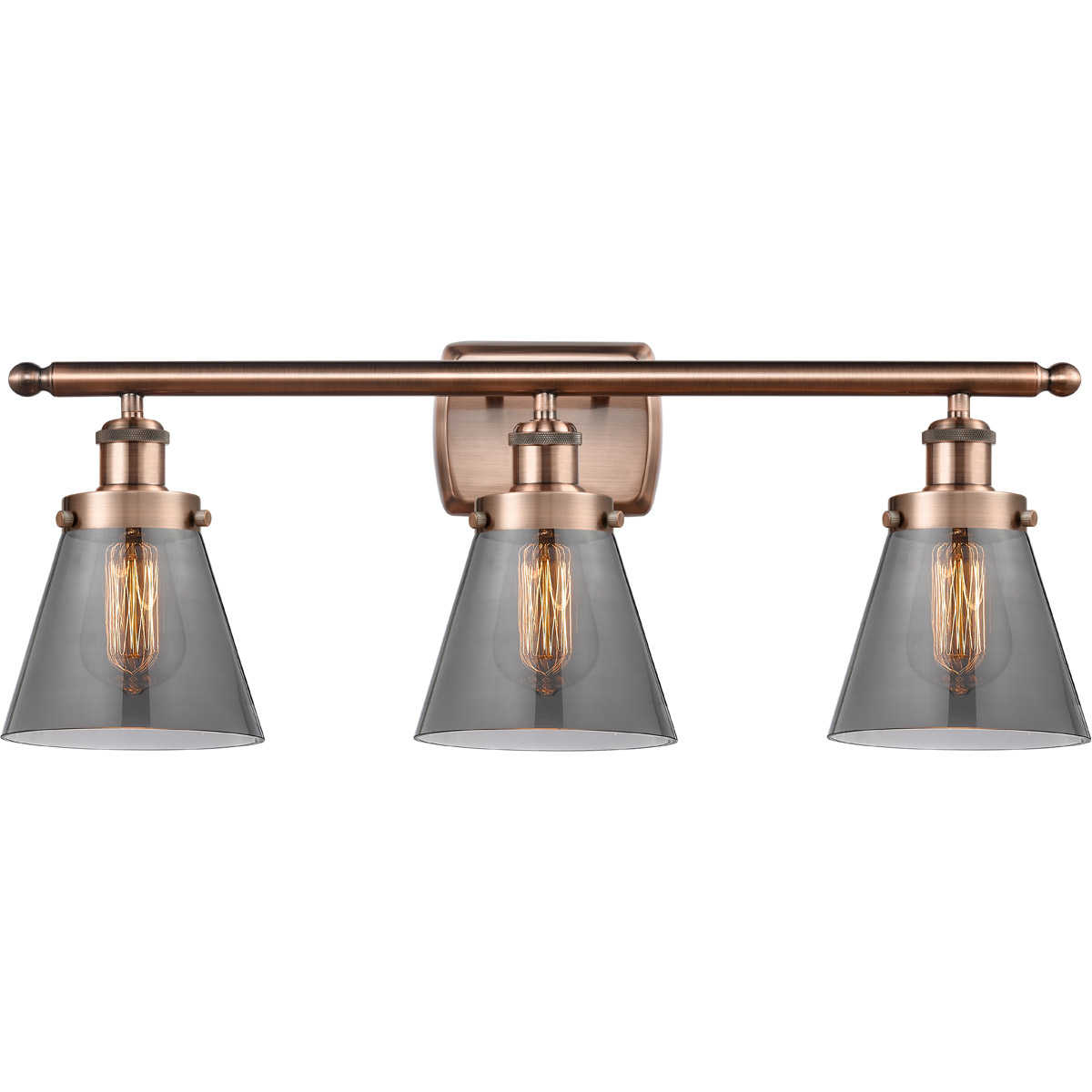 Innovations Lighting 916-3W-AC-G63-LED Ballston Small Cone LED 26 inch Antique Copper Bath Vanity Light Wall Light in Light Smoke Glass