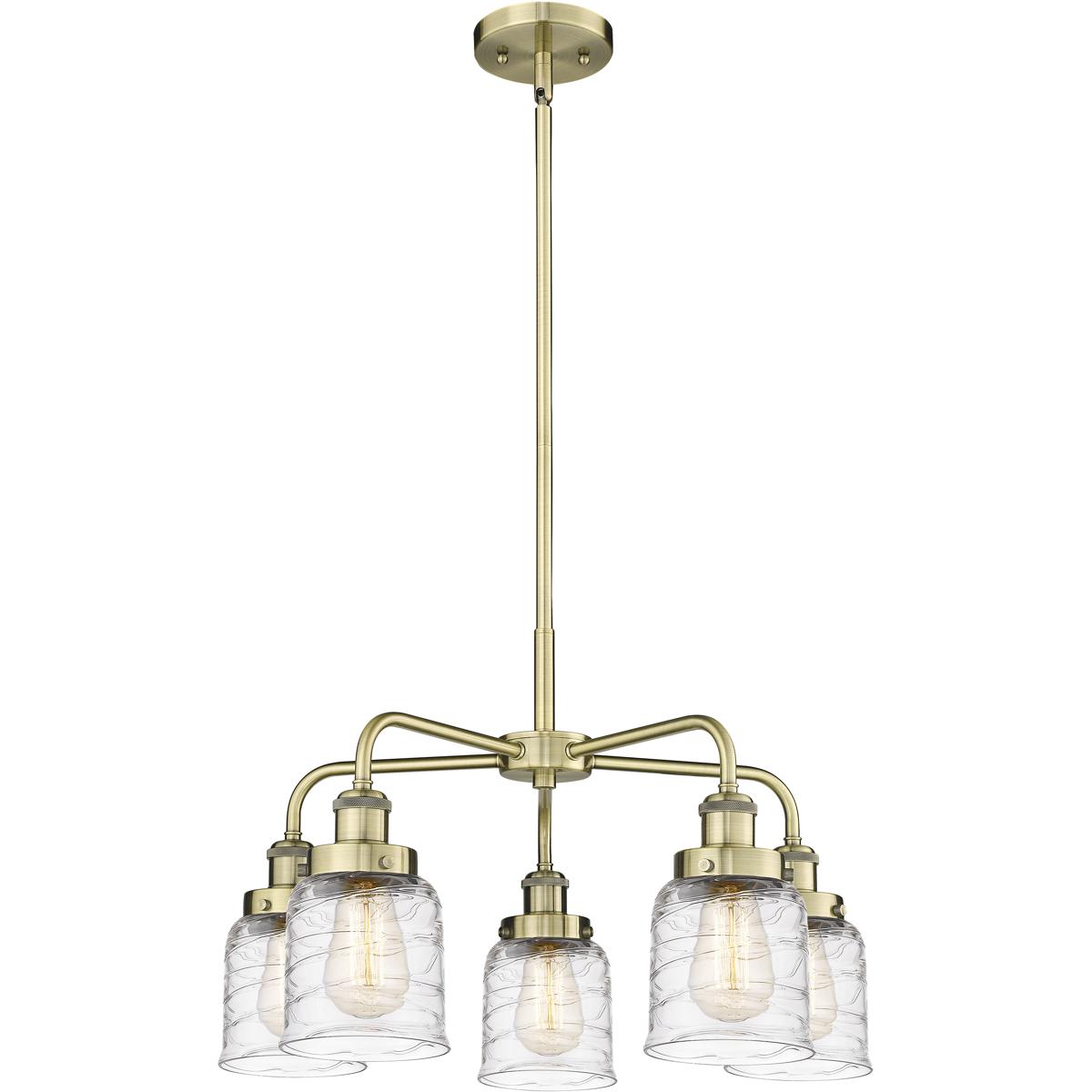 Innovations Lighting 916-5CR-AB-G513 Bell 5 Light 23 inch Antique Brass Chandelier Ceiling Light in Clear Deco Swirl Glass