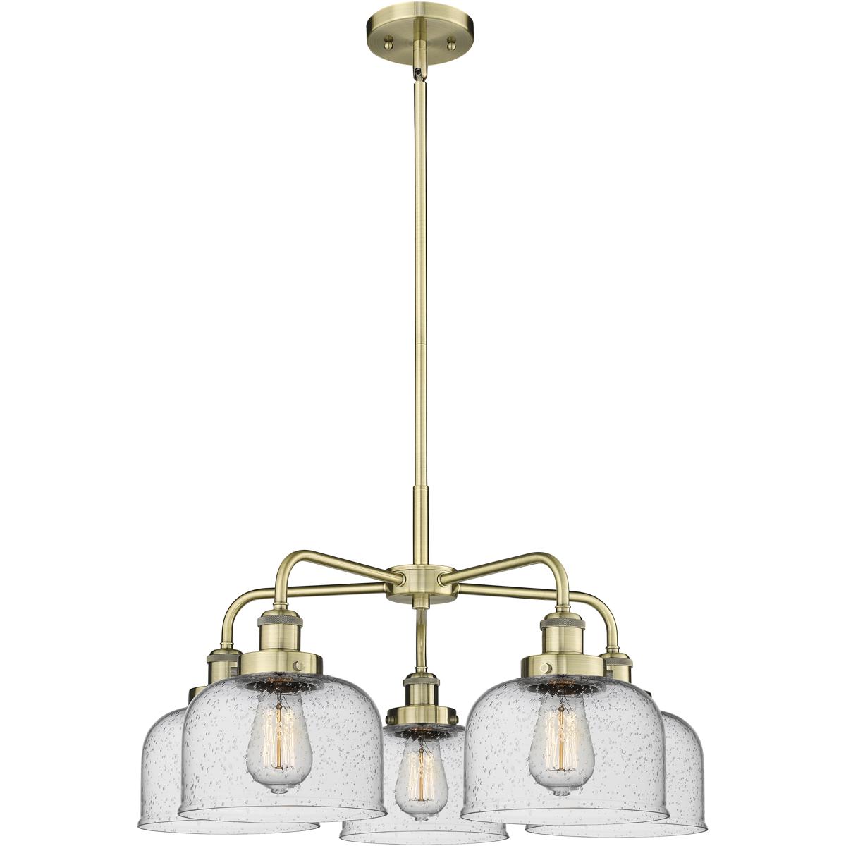 Innovations Lighting 916-5CR-AB-G74 Bell 5 Light 26 inch Antique Brass Chandelier Ceiling Light in Seedy Glass