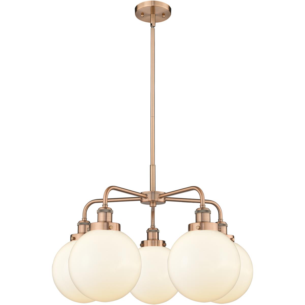 Innovations Lighting 916-5CR-AC-G201-8 Beacon 5 Light 26 inch Antique Copper Chandelier Ceiling Light in Matte White Glass