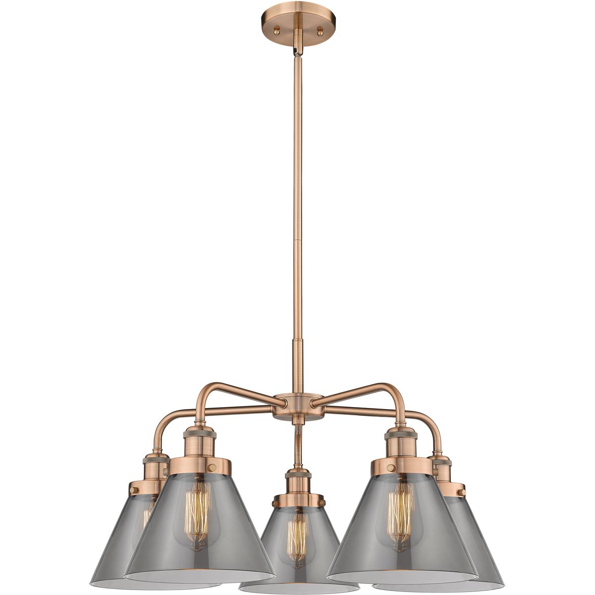 Innovations Lighting 916-5CR-AC-G43 Cone 5 Light 25.75 inch Antique Copper Chandelier Ceiling Light in Light Smoke Glass