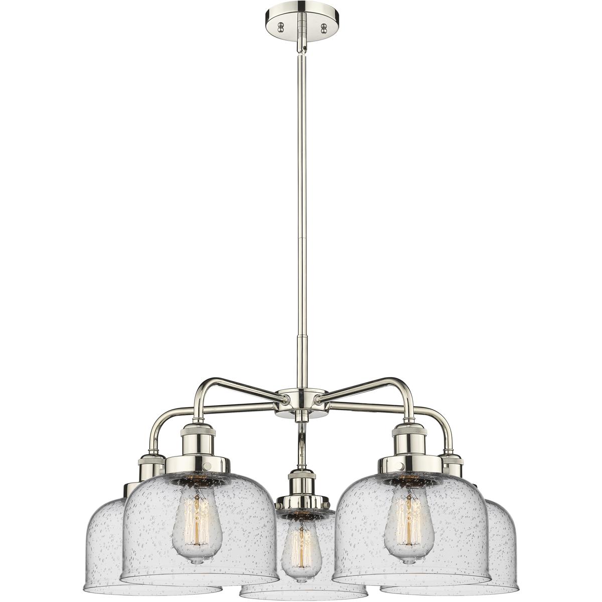 Innovations Lighting 916-5CR-PN-G74 Bell 5 Light 26 inch Polished Nickel Chandelier Ceiling Light in Seedy Glass